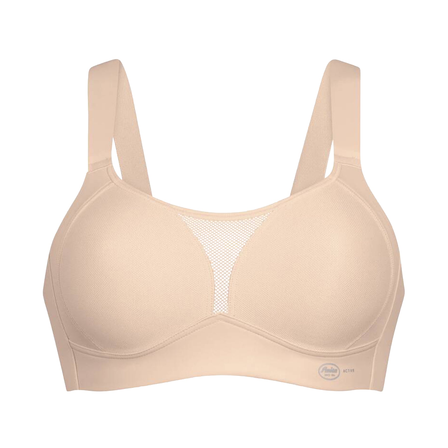 Beige wireless sports bra front view with full coverage cups, mesh centre panel and smooth seamless finish