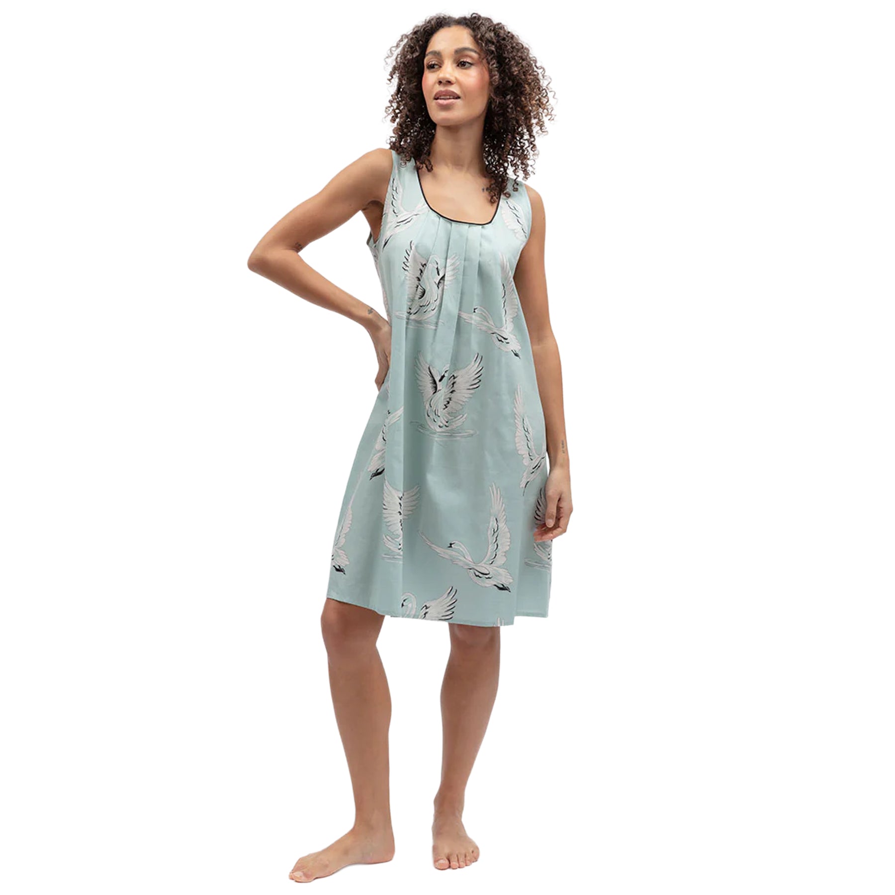 Front view of mint mix sleeveless nightdress featuring a relaxed A-line silhouette, wide straps and graceful swan pattern.