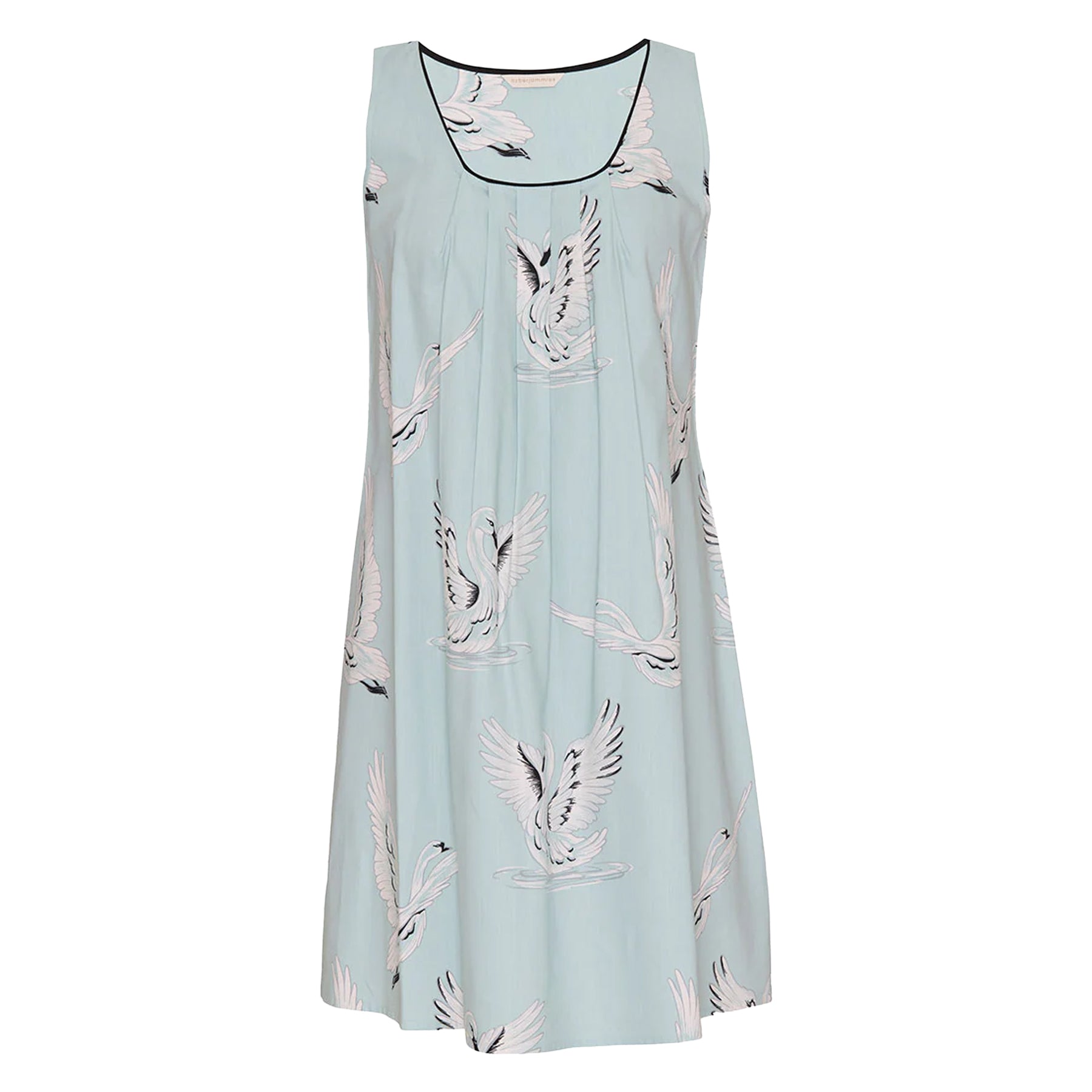 Flat front view of mint blue sleeveless nightgown featuring black contrast neckline trim, pleated bodice and elegant swan illustration print.