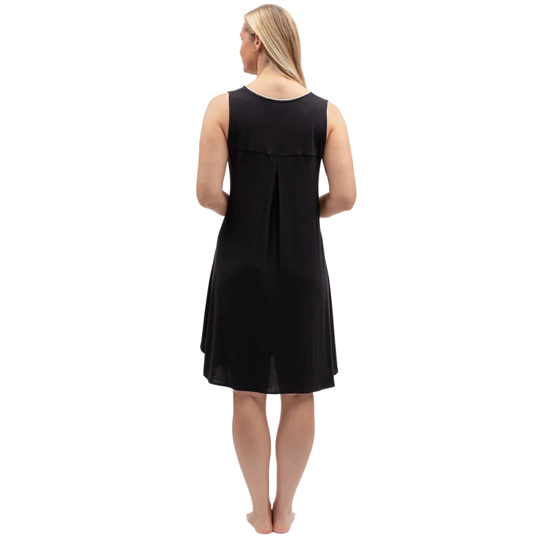 Back view of black sleeveless nightdress with elegant scoop back, center pleat detail and relaxed silhouette.