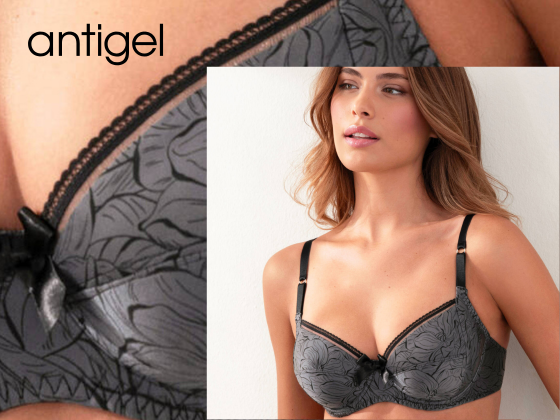 Antigel embroidered bra in charcoal grey with subtle floral pattern, underwired bra styled on model with refined detailing