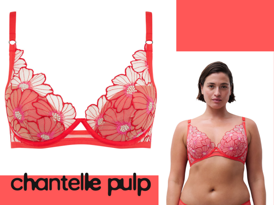 Chantelle Pulp bra in vibrant red floral embroidery, underwired bra shown on model and product flat, bold feminine lingerie