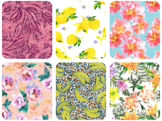 Hanky Panky underwear prints - six colourful swatches featuring floral, fruit, and tropical patterns including lemons, bananas, and hibiscus flowers.