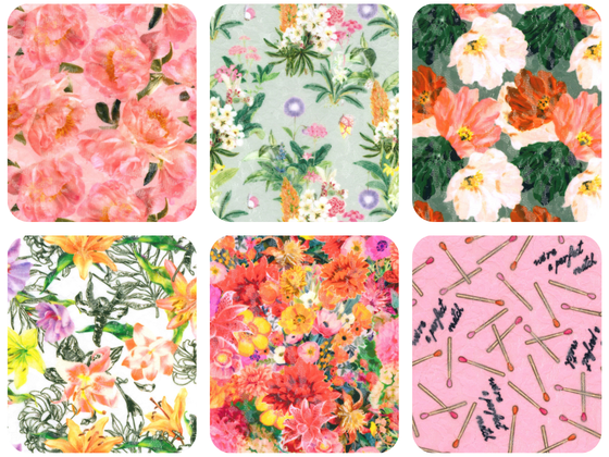 Assorted floral and novelty fabric prints including pink florals, botanical patterns, and playful matchstick design, colourful textile swatches for Hanky Panky