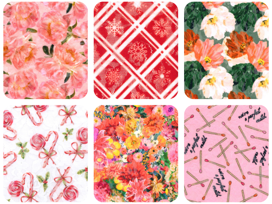 Collage of six Hanky Panky lace prints featuring pink peony floral print, red holiday plaid snowflake print, bold orange and white poppy floral print, candy cane and ribbon holiday print, vibrant multicolour garden floral print, and pink Perfect Match beauty tools print used for lingerie and underwear collections
