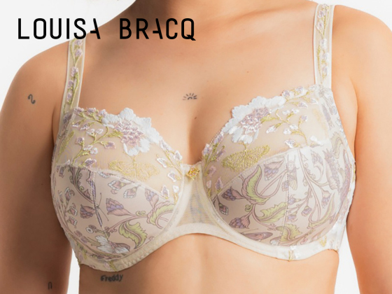 Louisa Bracq embroidered full cup bra in pastel floral design - close-up on model.