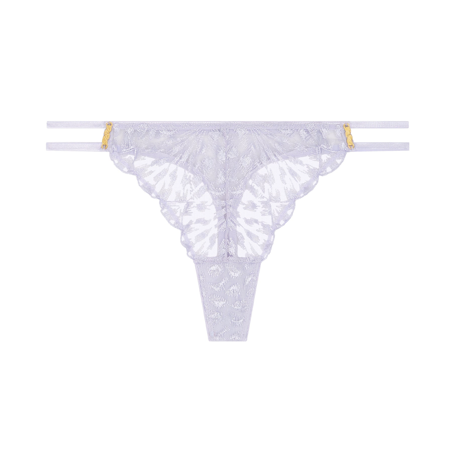 Lavender embroidered lace thong with double side straps and gold accents displayed on white background.