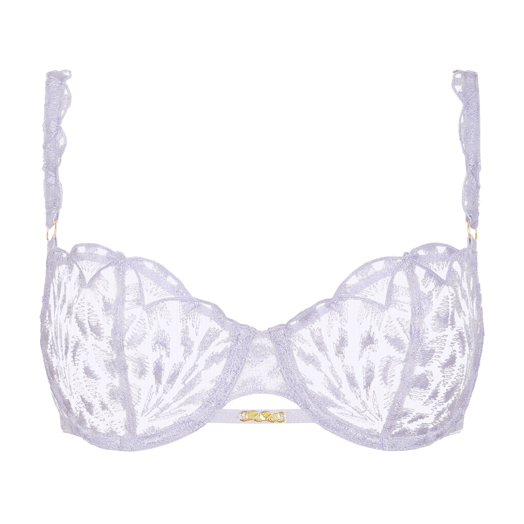 Lavender sheer lace balconette bra with scalloped edges, embroidered leaf motif and gold hardware detail at the centre.