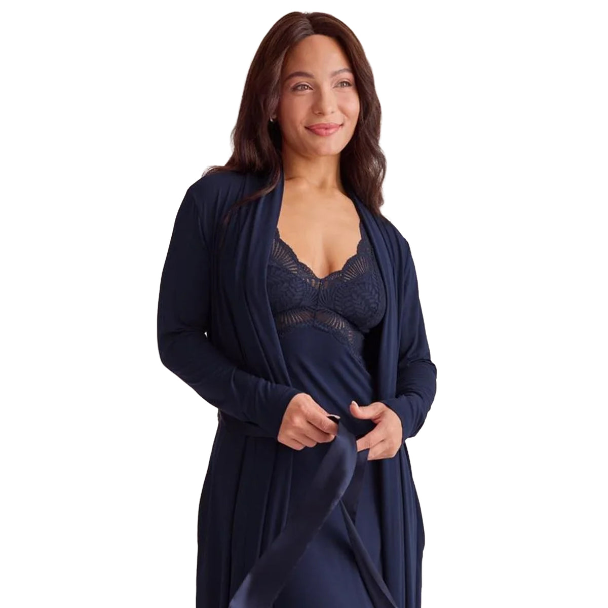 Model wearing Fleurt Iconic Long Robe in Ink navy, open over a matching lace-trimmed chemise, front detail view.