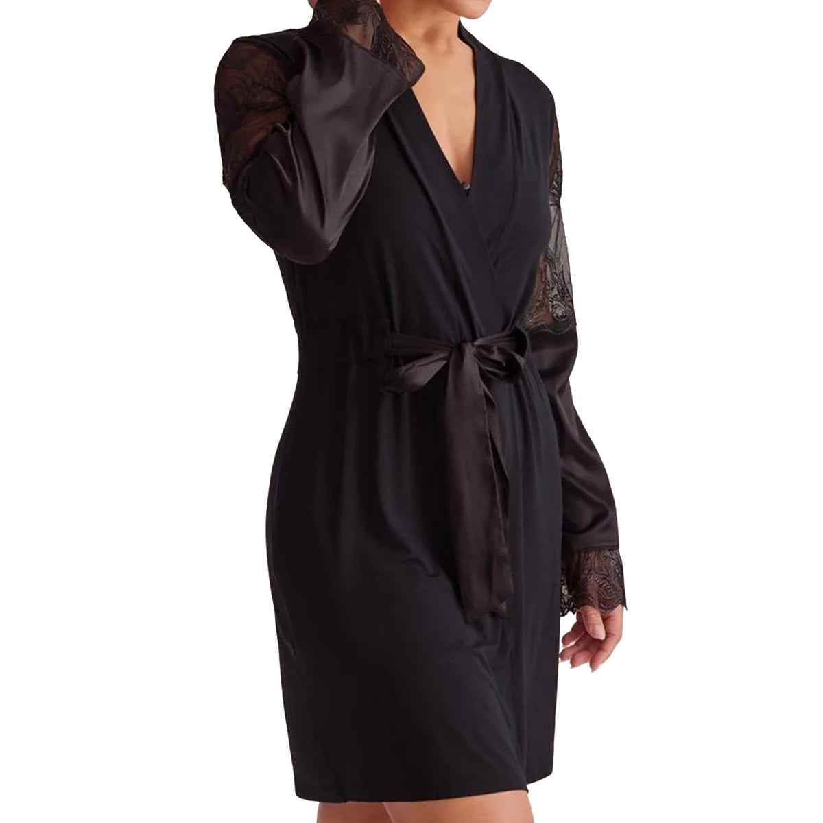 Fleurt Desire Kimono in black featuring a satin waist tie, wrap neckline and intricate lace sleeve details, front close-up.