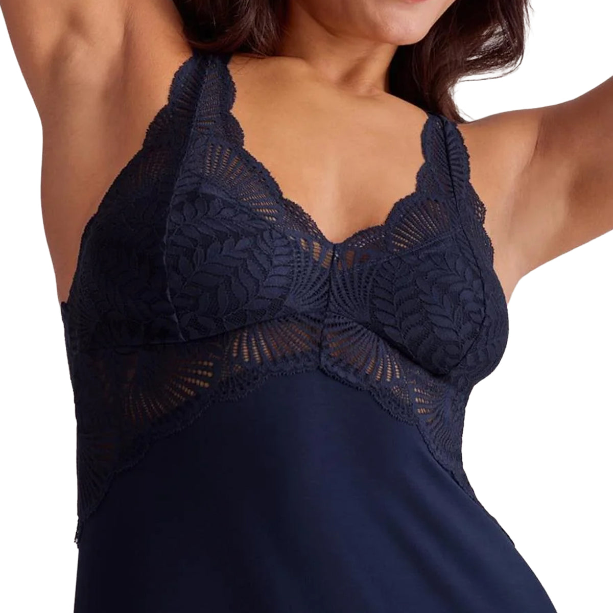 Close-up of ink navy blue long nightgown highlighting intricate floral lace cups, scalloped neckline and sheer lace underbust detailing.