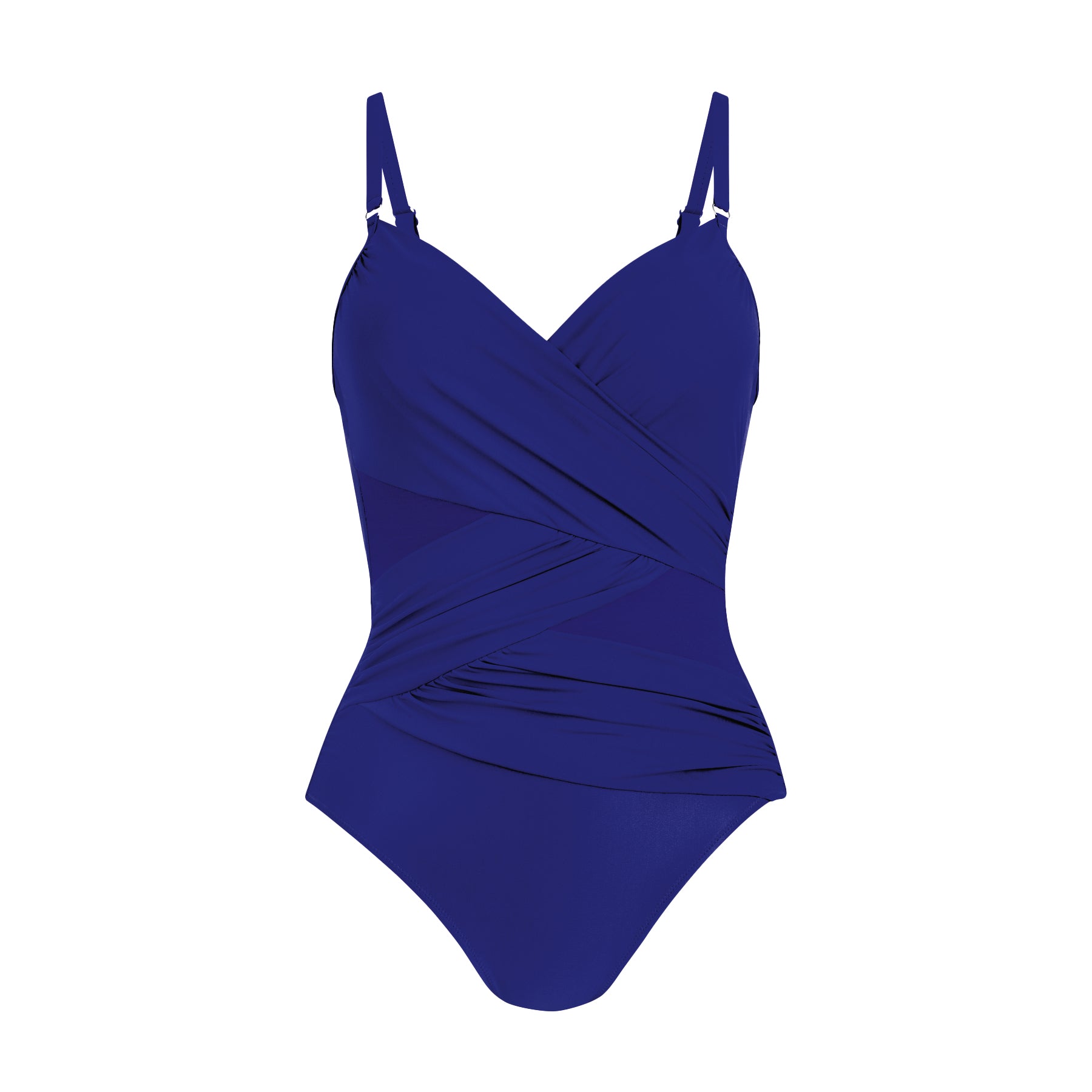 Ocean blue one-piece swimsuit with wrap-style V-neckline and ruching across the waist - front view.