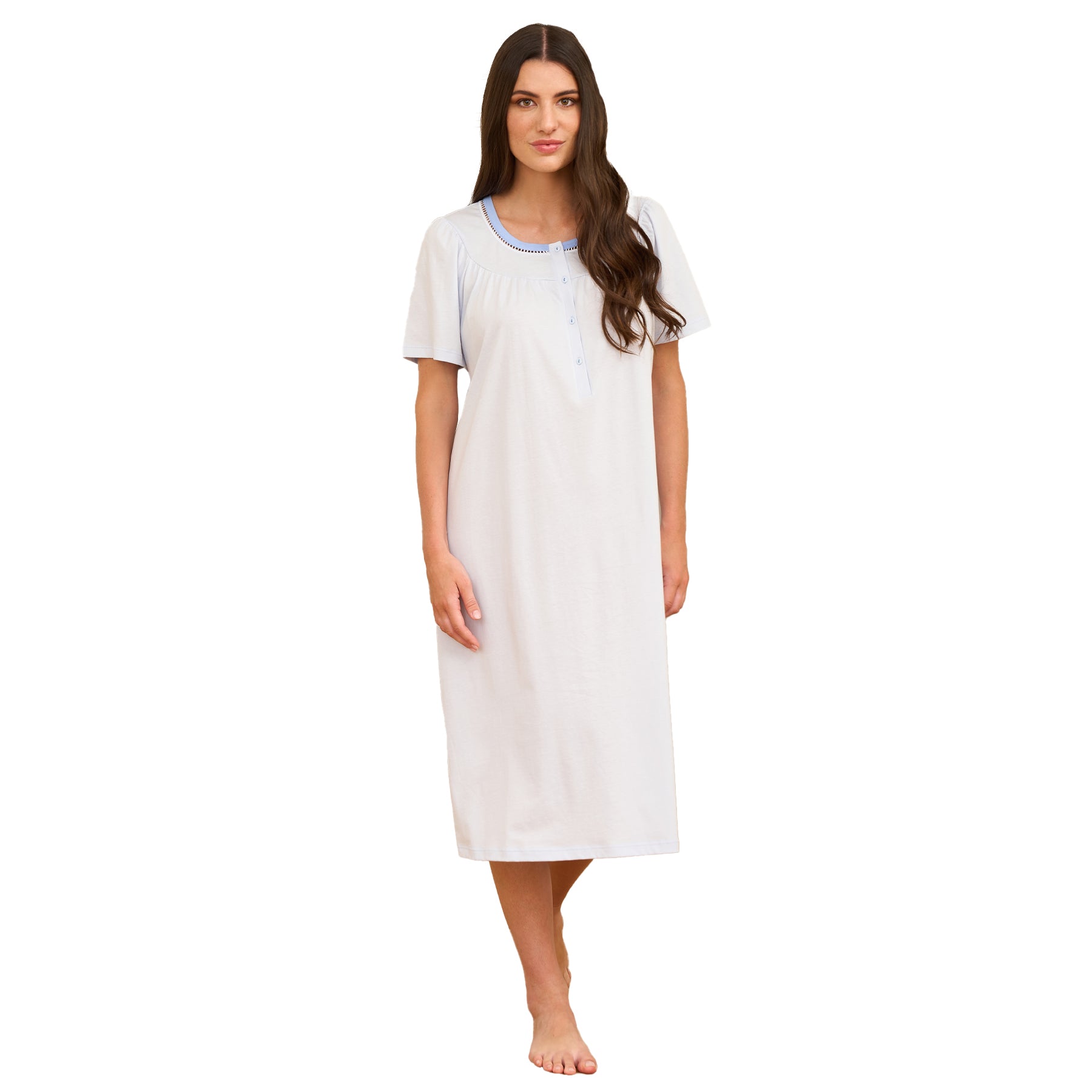 Light blue short sleeve nightgown with button placket and soft gathered neckline, knee-length relaxed fit