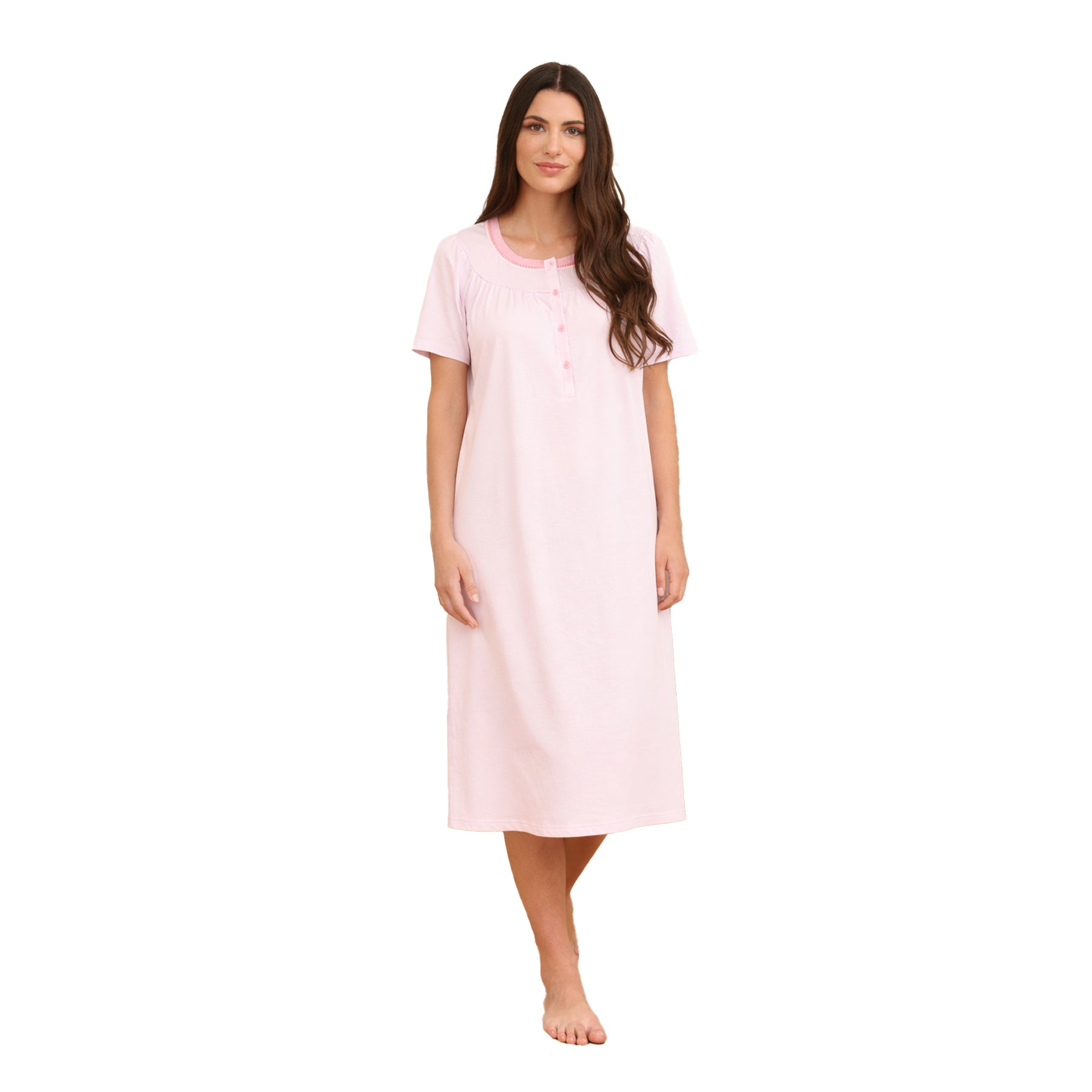 Soft pink short sleeve nightgown with button placket and delicate trim detail, knee-length comfortable silhouette