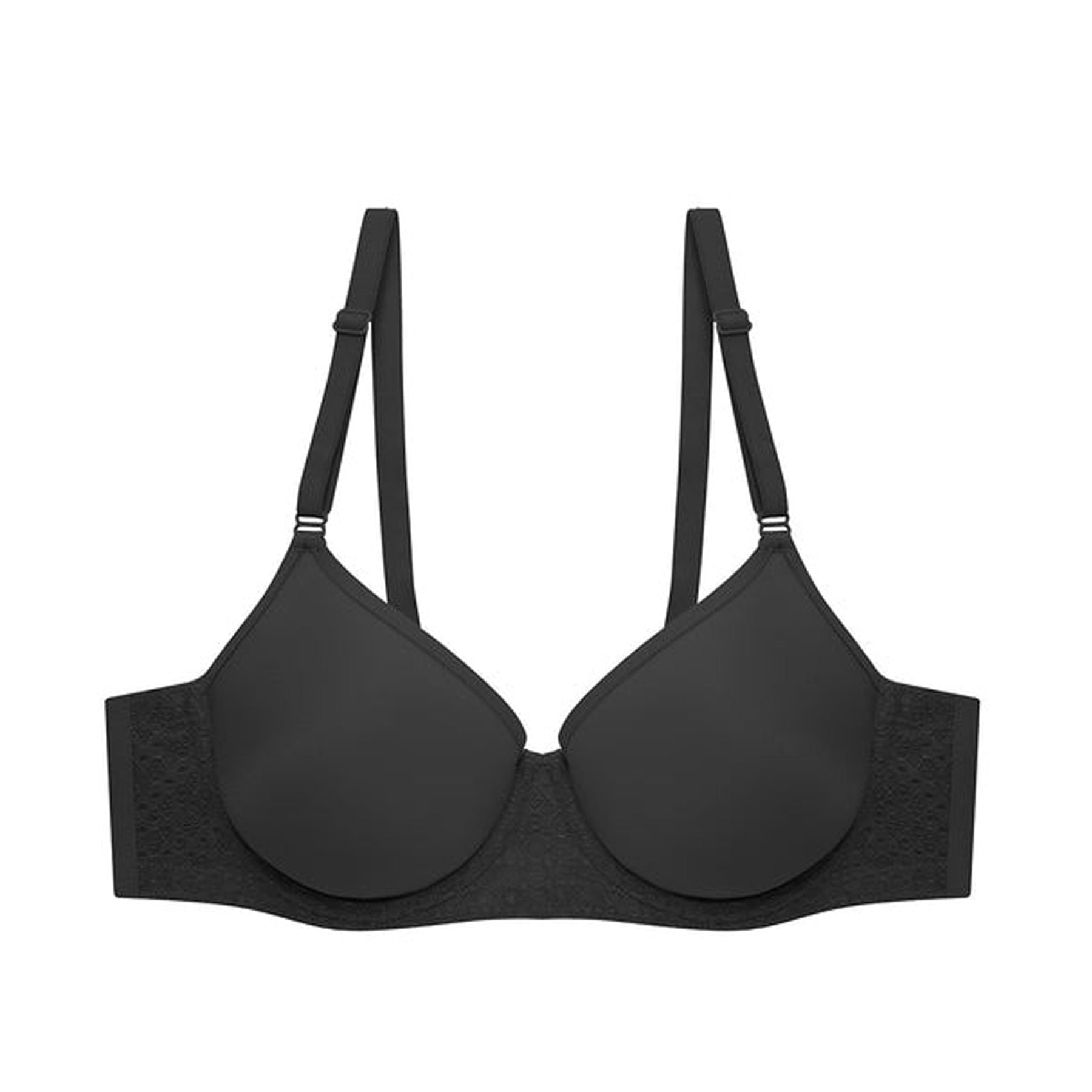 Black spacer bra with lace side wings and smooth moulded cups - front flat lay.