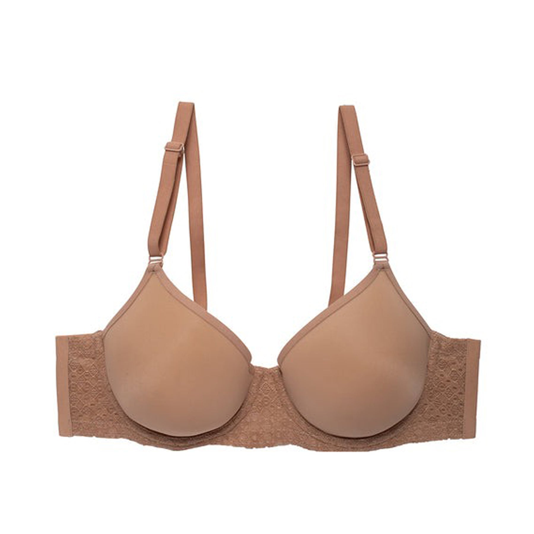 Buff-coloured spacer bra with lace sides and seamless contour cups - front flat lay.