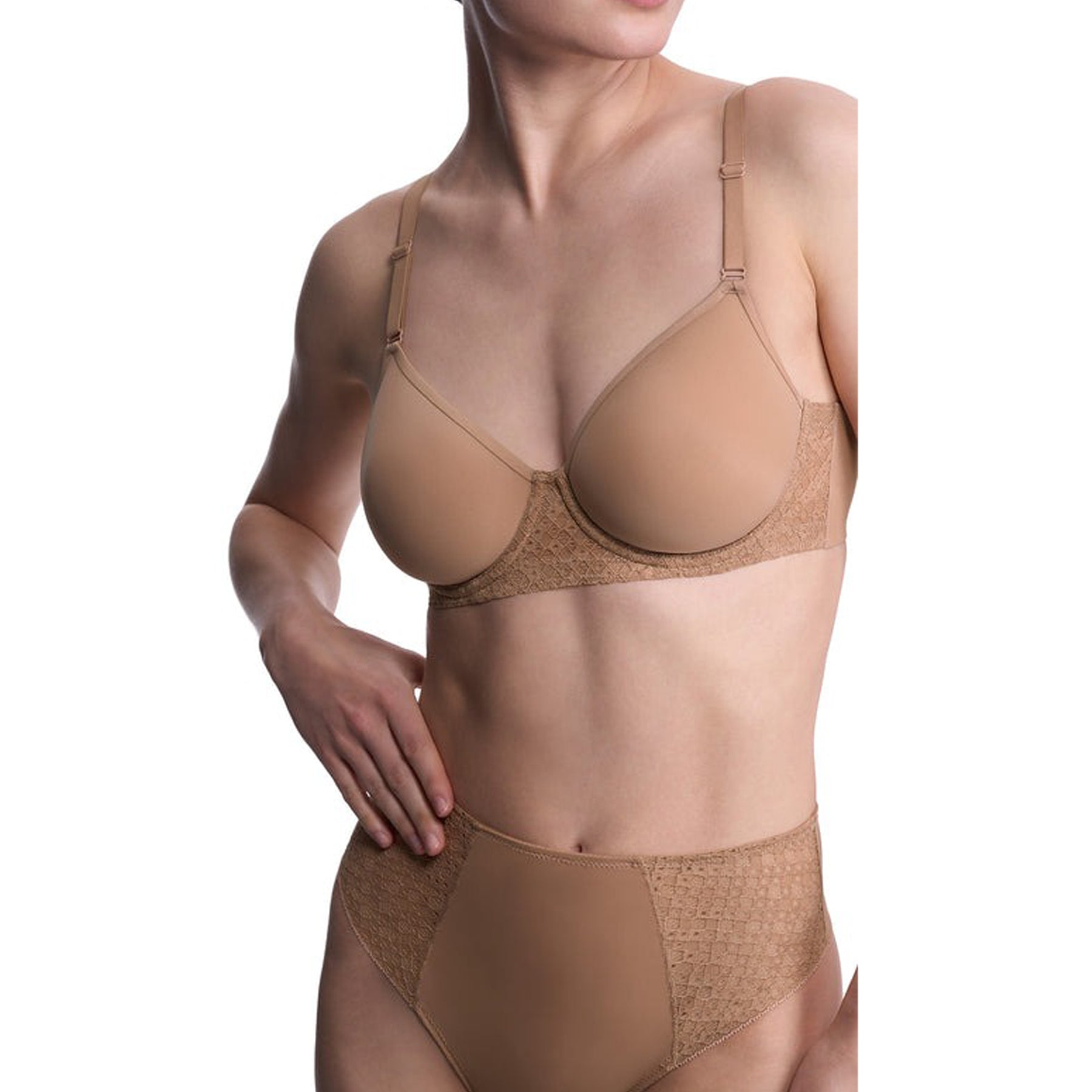 Side view of buff spacer bra worn by model showing sculpted fit and lace detail.