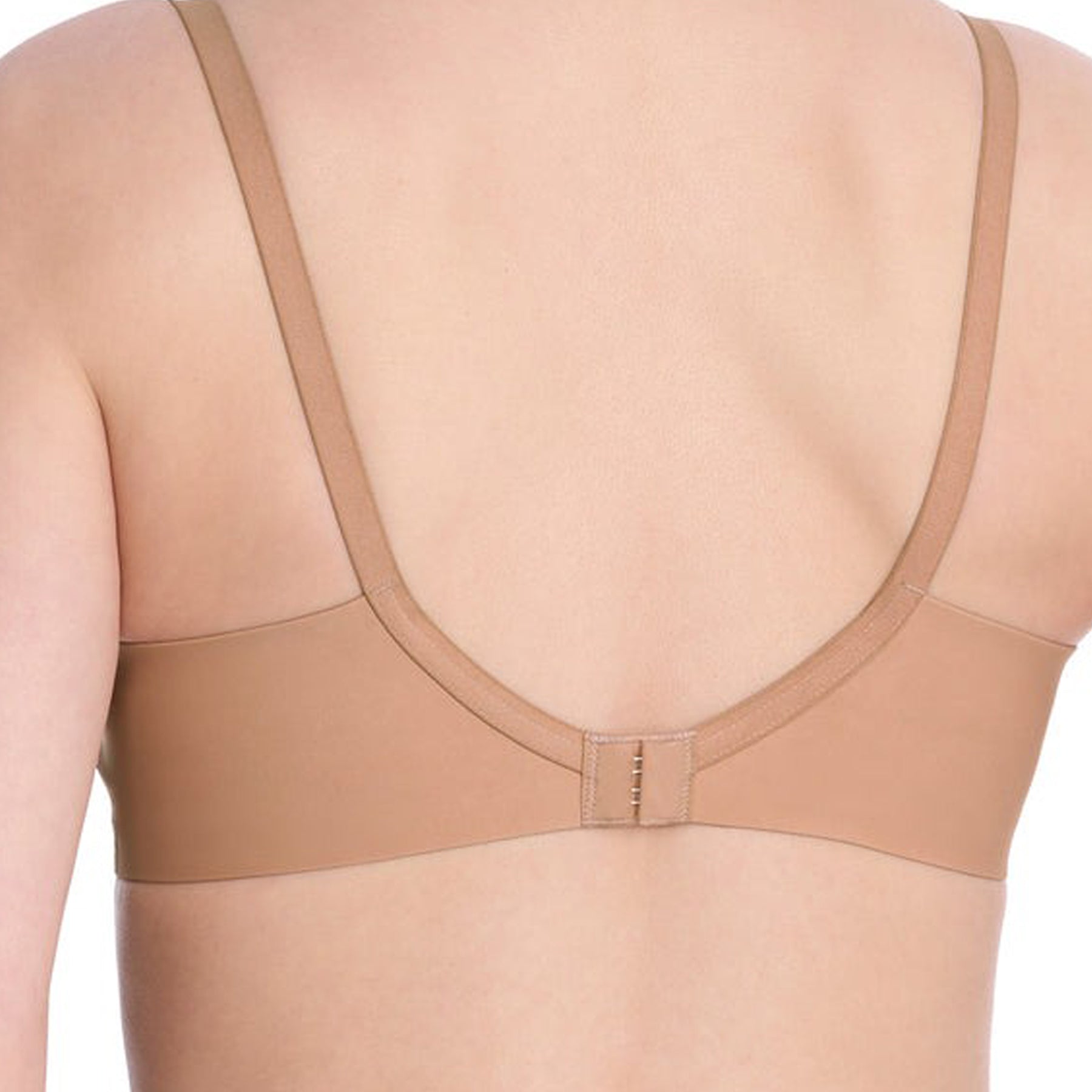 Back view of buff spacer bra showing low U-shaped band and smooth finish.