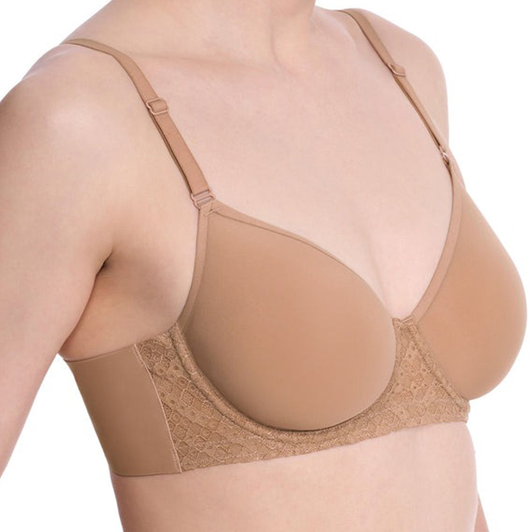Close-up side view of buff spacer bra highlighting lace side wings and soft contour cups.