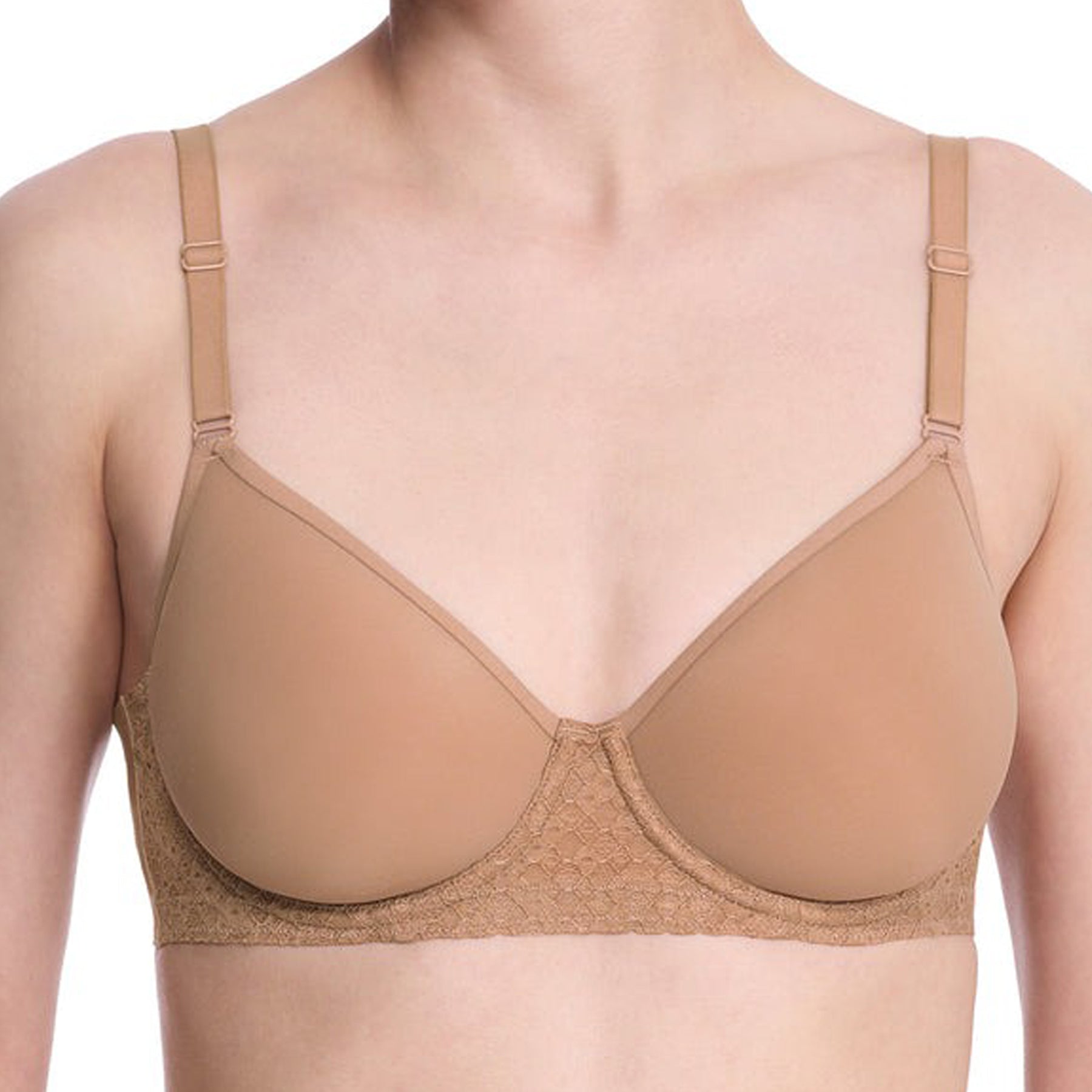 Close-up view of buff spacer bra highlighting lace side wings and soft contour cups.