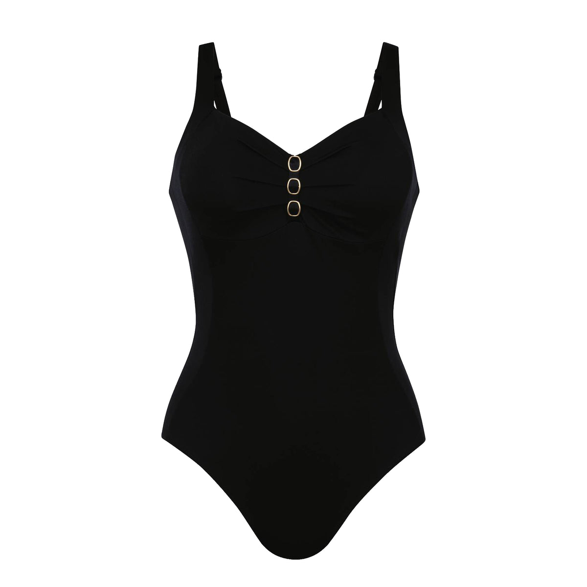 Anita Malika black one-piece swimsuit with gathered bust, wide straps and three gold-tone ring accents, front product view.