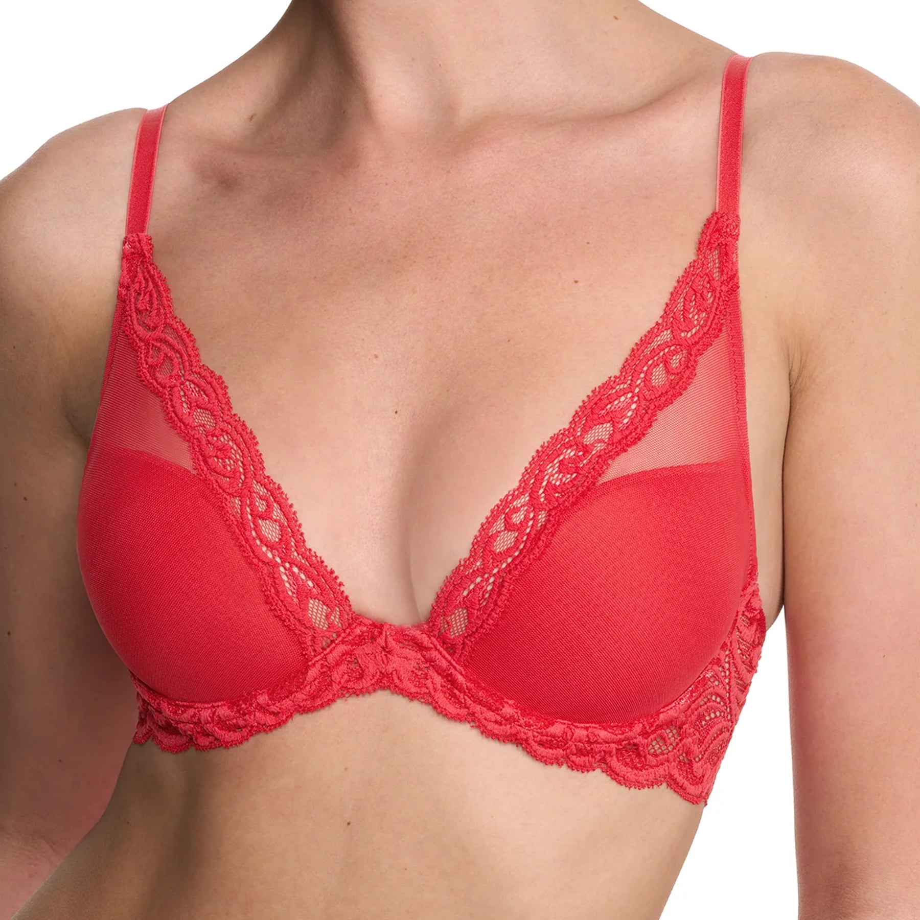 Red lace bra on a white background