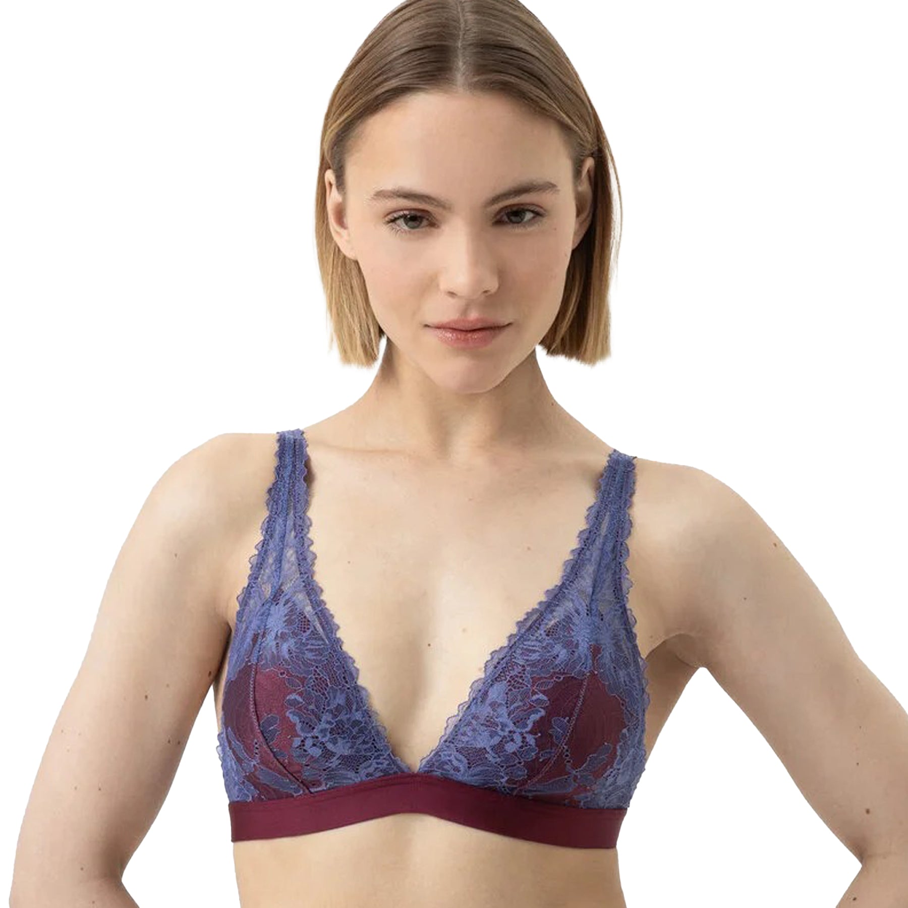 Burgundy bralette with blue lace overlay and deep plunge neckline, front view on model