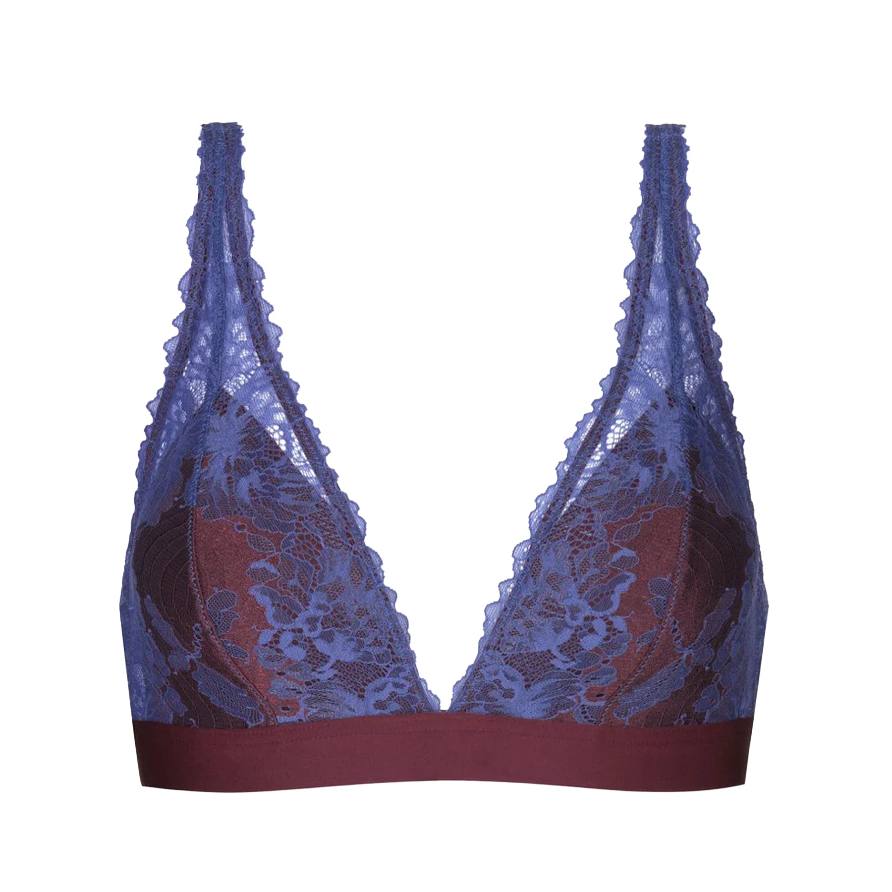 Burgundy bralette with blue floral lace overlay and wide underband, flat lay front view