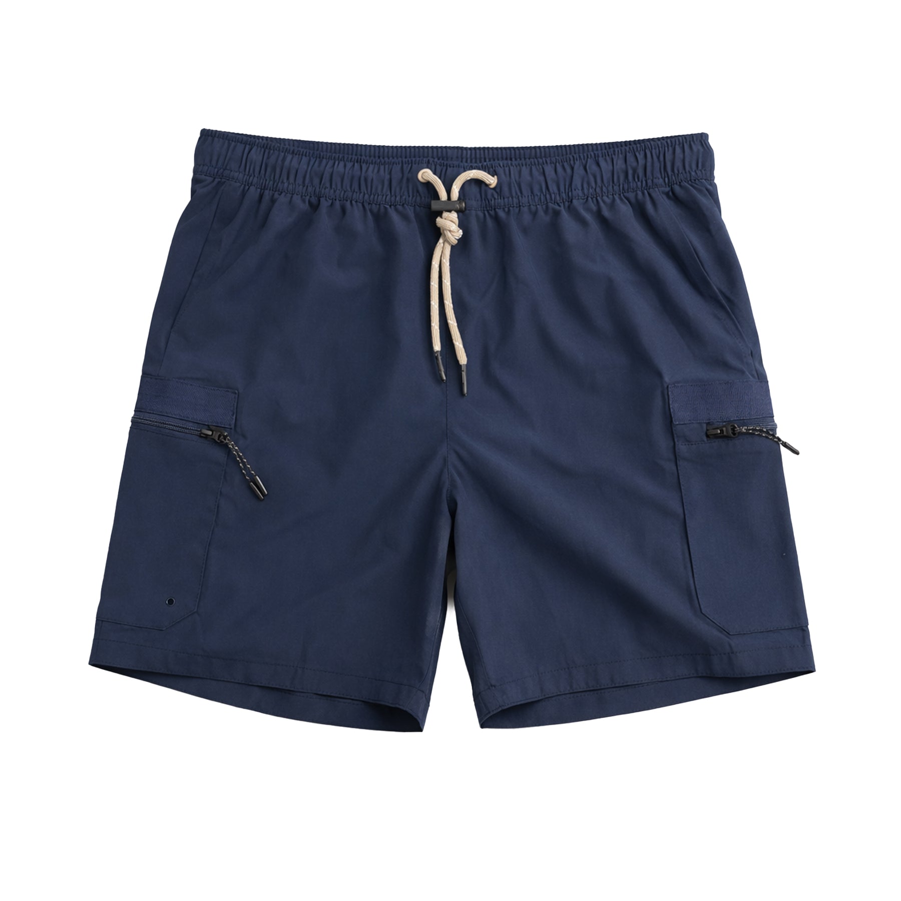 Navy men’s swim shorts with elastic waistband, beige drawstring and side cargo zip pockets on white background.