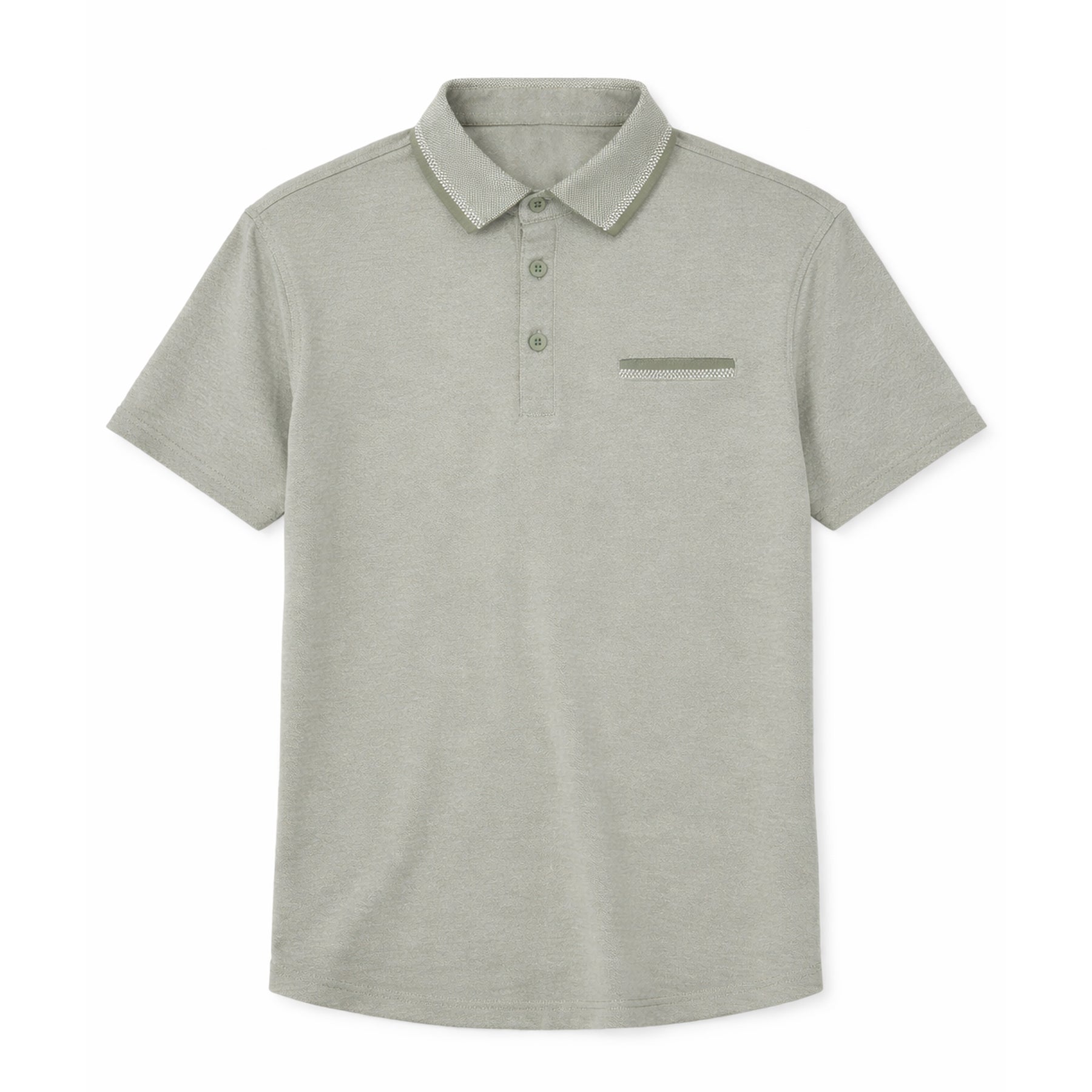 Sage green men’s polo shirt with short sleeves, classic collar, and subtle chest pocket detail on white background