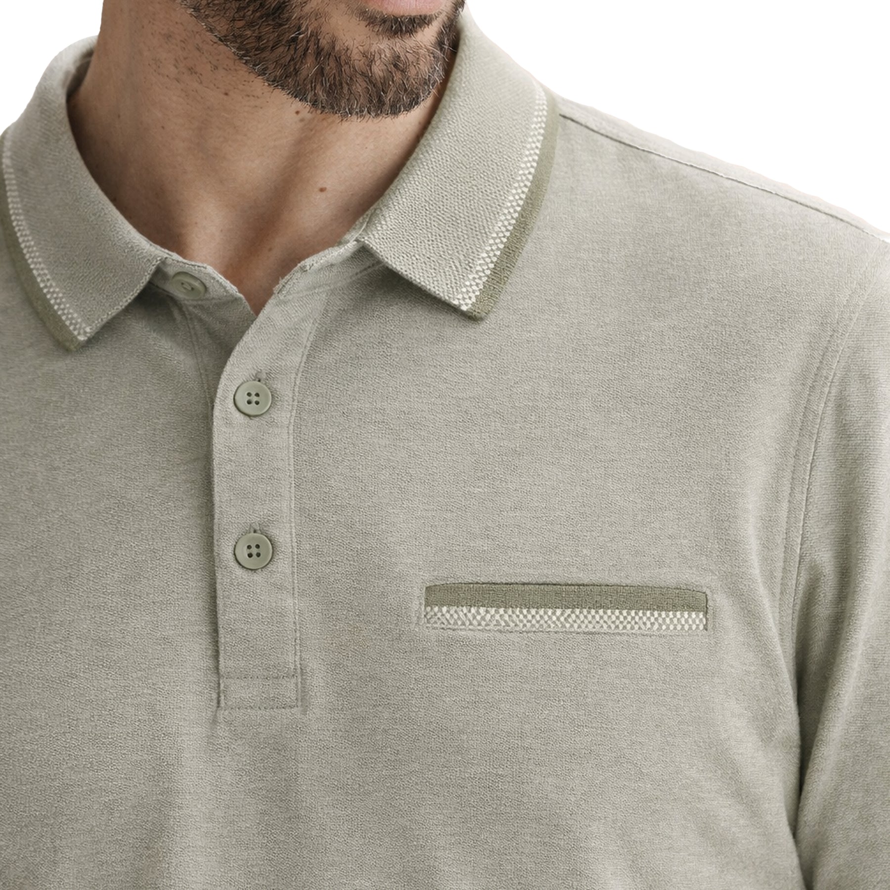 Close-up of sage green men’s polo shirt showing textured fabric, button placket, and contrast trim on collar and pocket