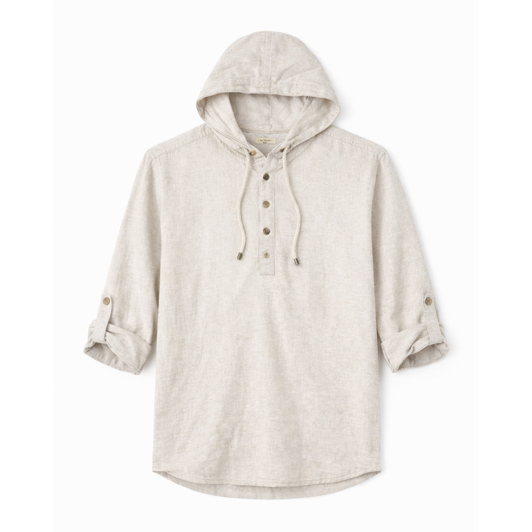 Men’s beige hooded linen shirt with roll-tab sleeves, button-front detail, and relaxed fit on white background.