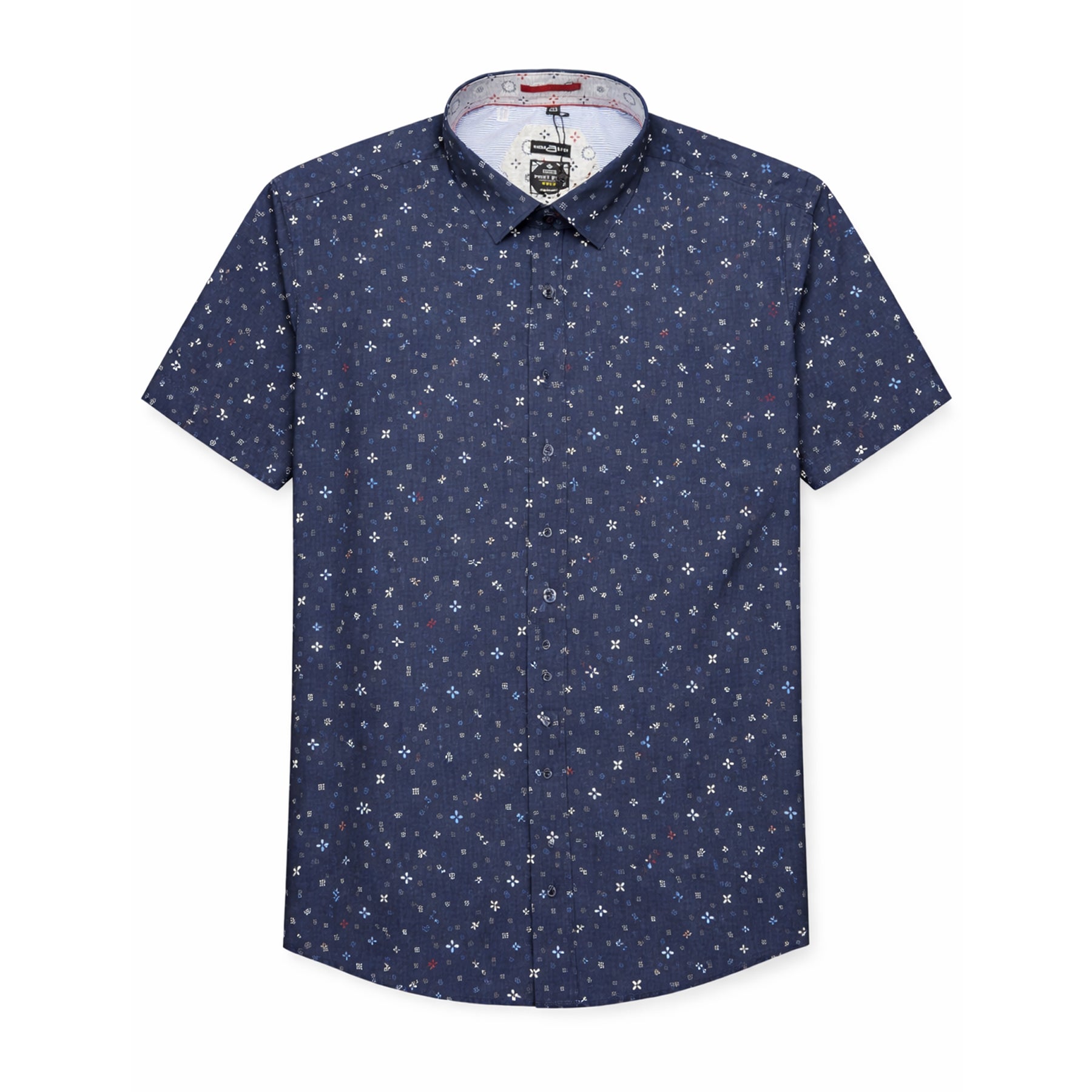 Navy short sleeve button-up shirt with all-over micro-print, front view on white background