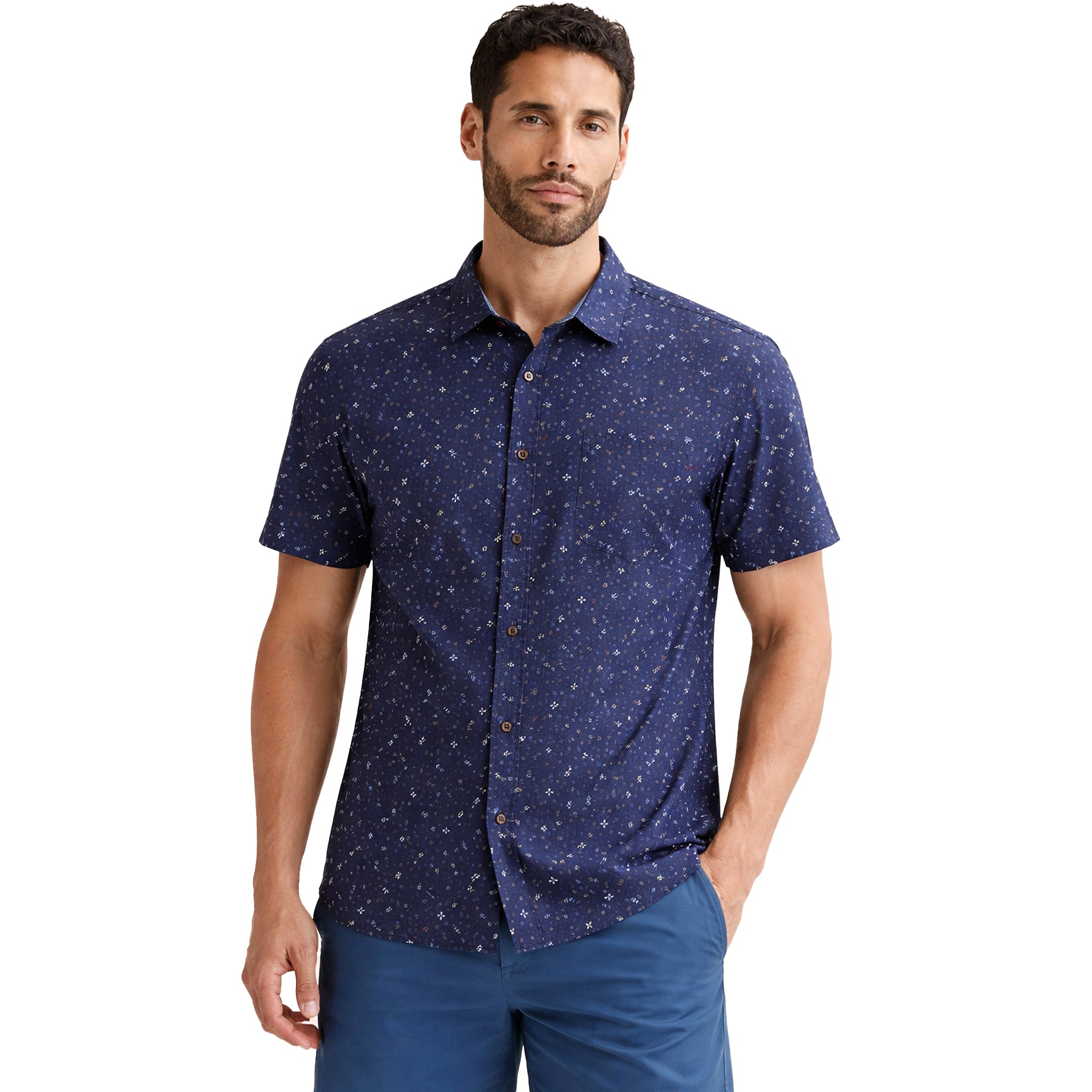 Navy micro-print short sleeve shirt worn by model, front view