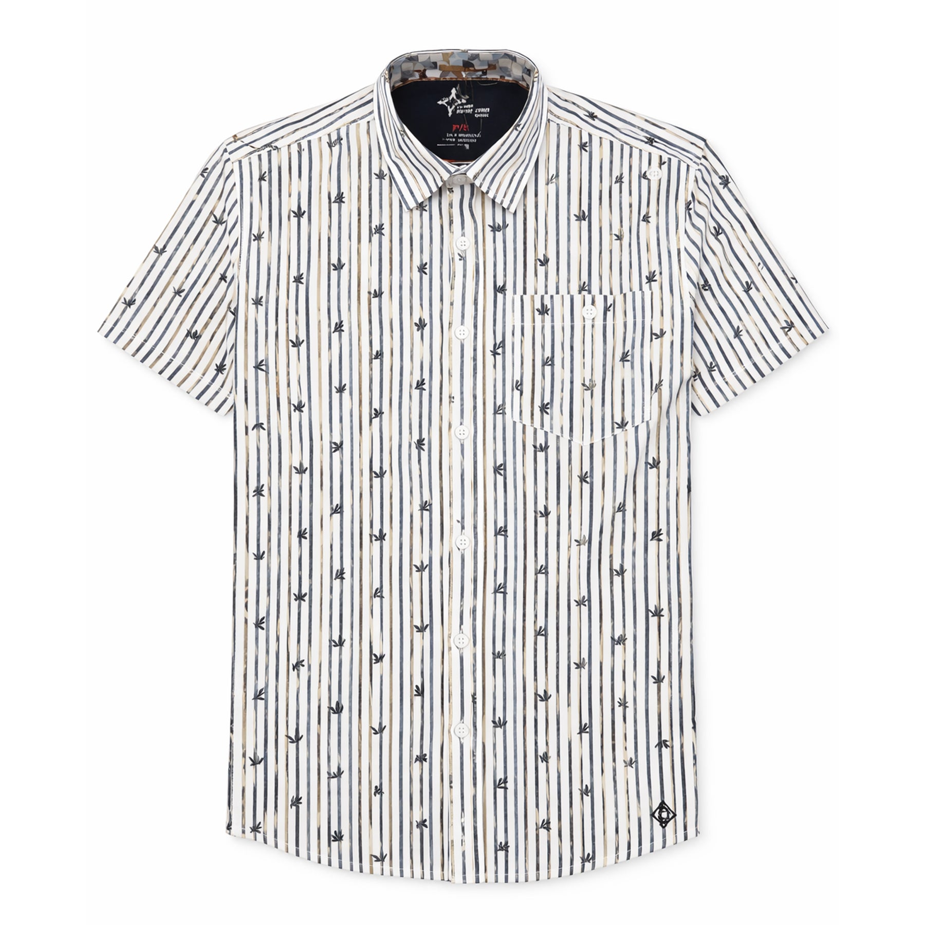 Eggshell and blue-green striped short sleeve button-up shirt with subtle motif, front view on white background