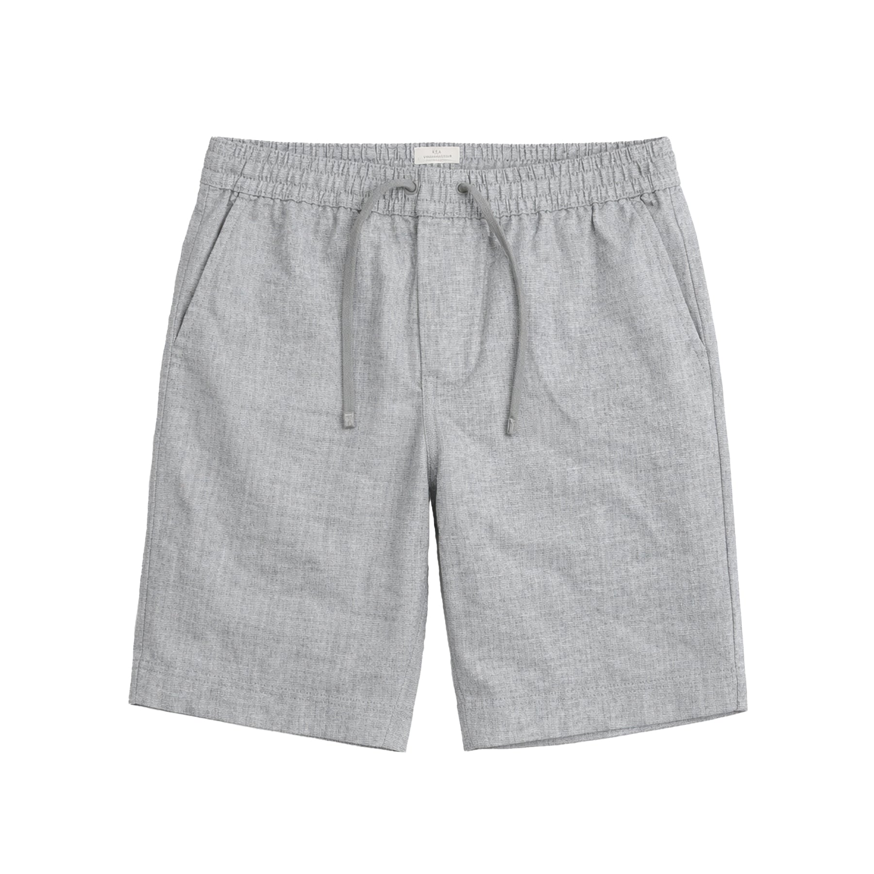 Men’s light grey linen shorts with elastic waistband and adjustable drawstring on white background.