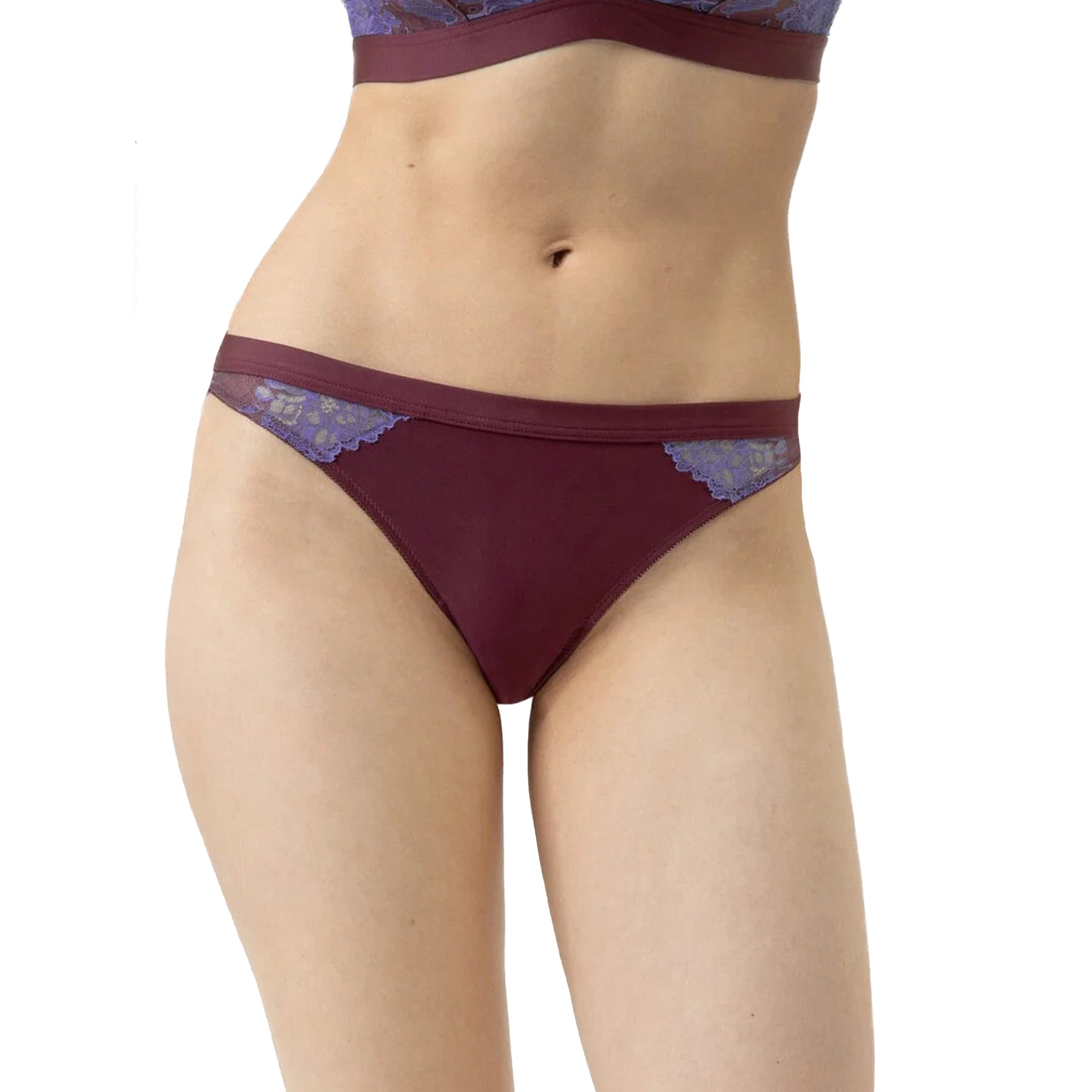 Burgundy bikini briefs with blue lace accents at hips, front view on model