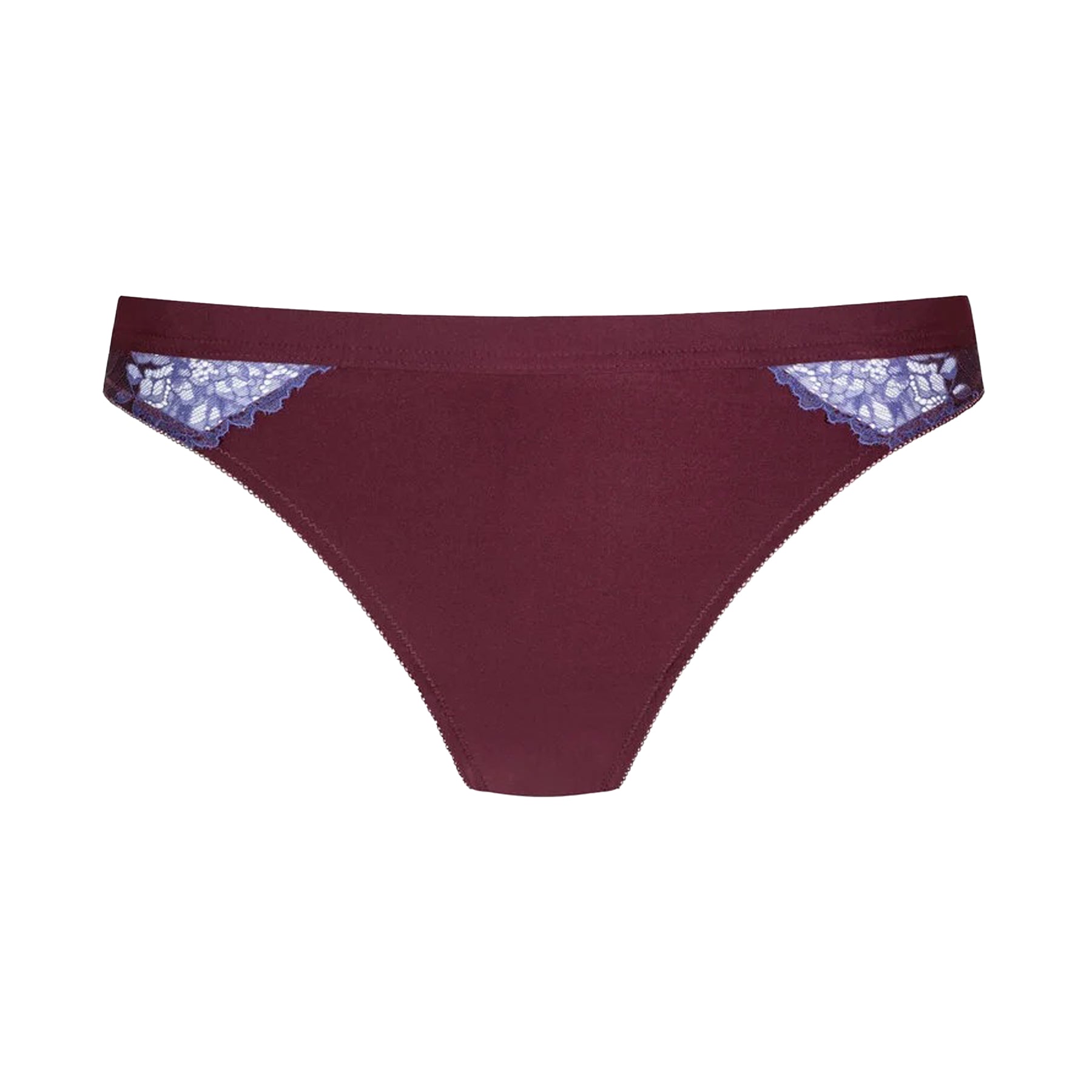 Burgundy bikini briefs with blue floral lace detailing at hips, flat lay front view