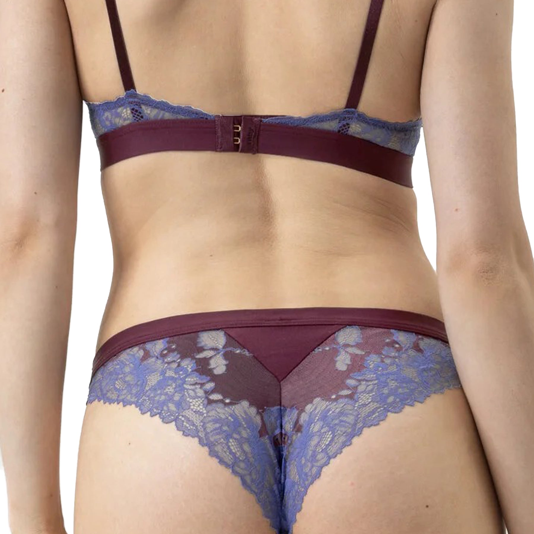 Burgundy bikini briefs with sheer blue lace back and scalloped edges, rear view on model