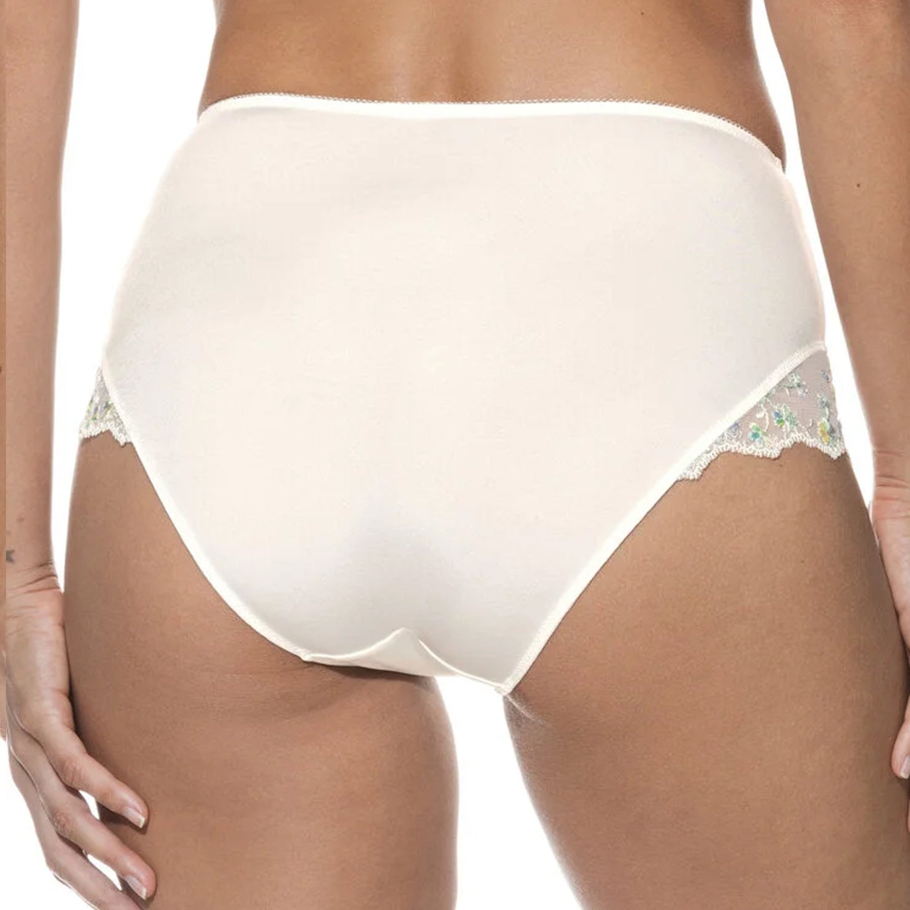 Back view of the high-waisted brief showing a smooth, full-coverage design with embroidered lace peeking out from the leg openings.