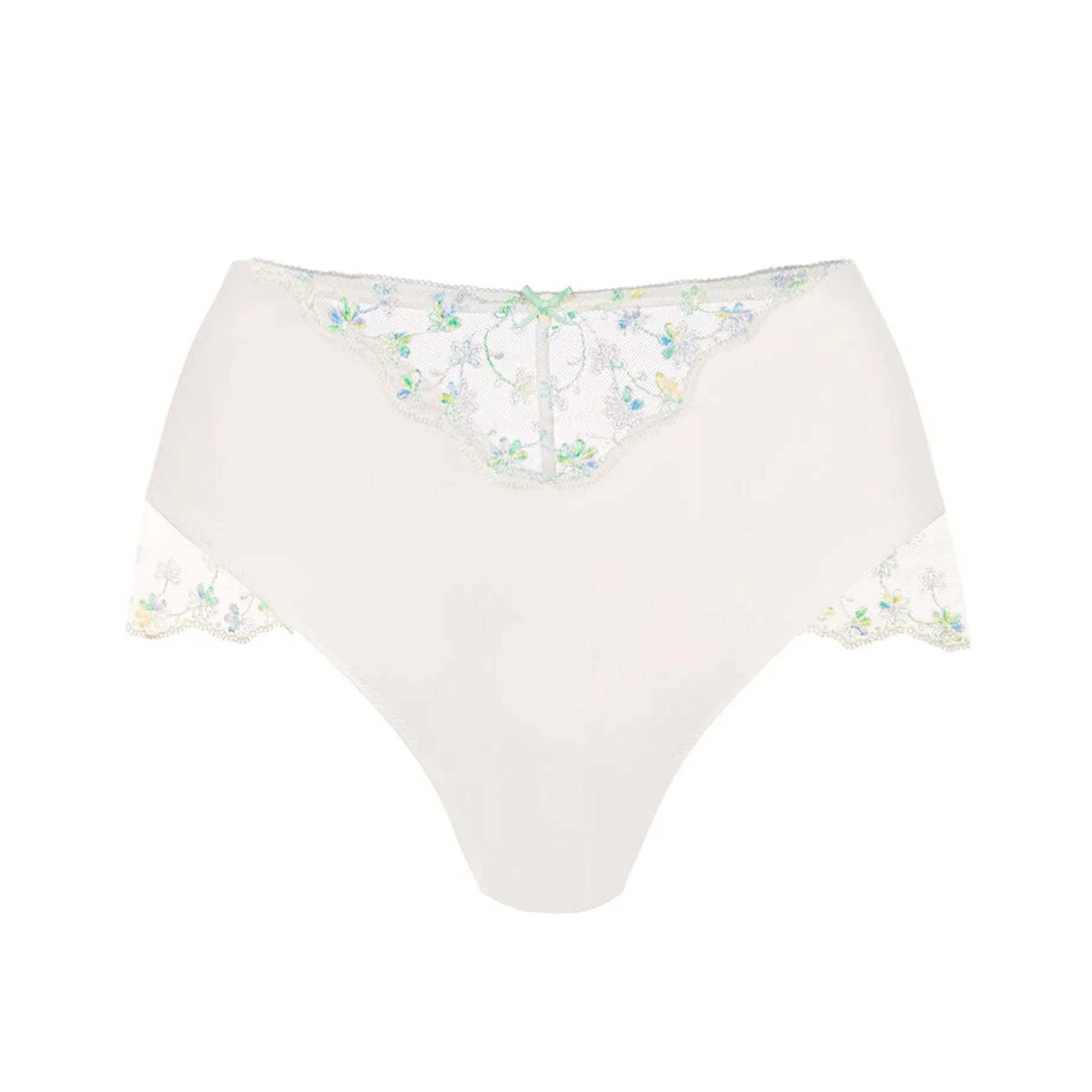 Product image of the white high-waisted brief with floral embroidered mesh panels on the front and sides, displayed on a plain background.
