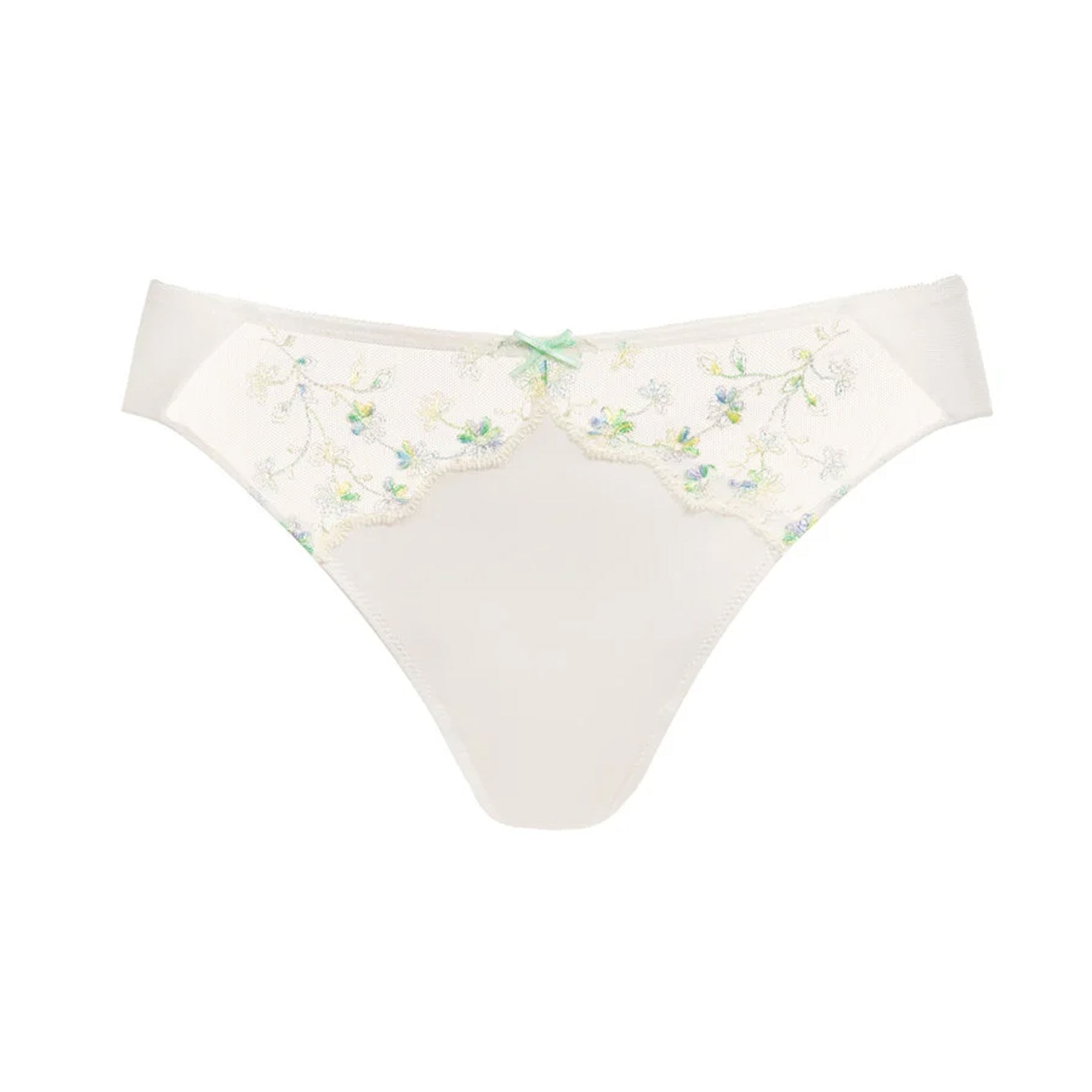 Product image of the bikini brief laid flat, showing scalloped embroidered mesh at the front, a small bow detail, and smooth fabric through the back.