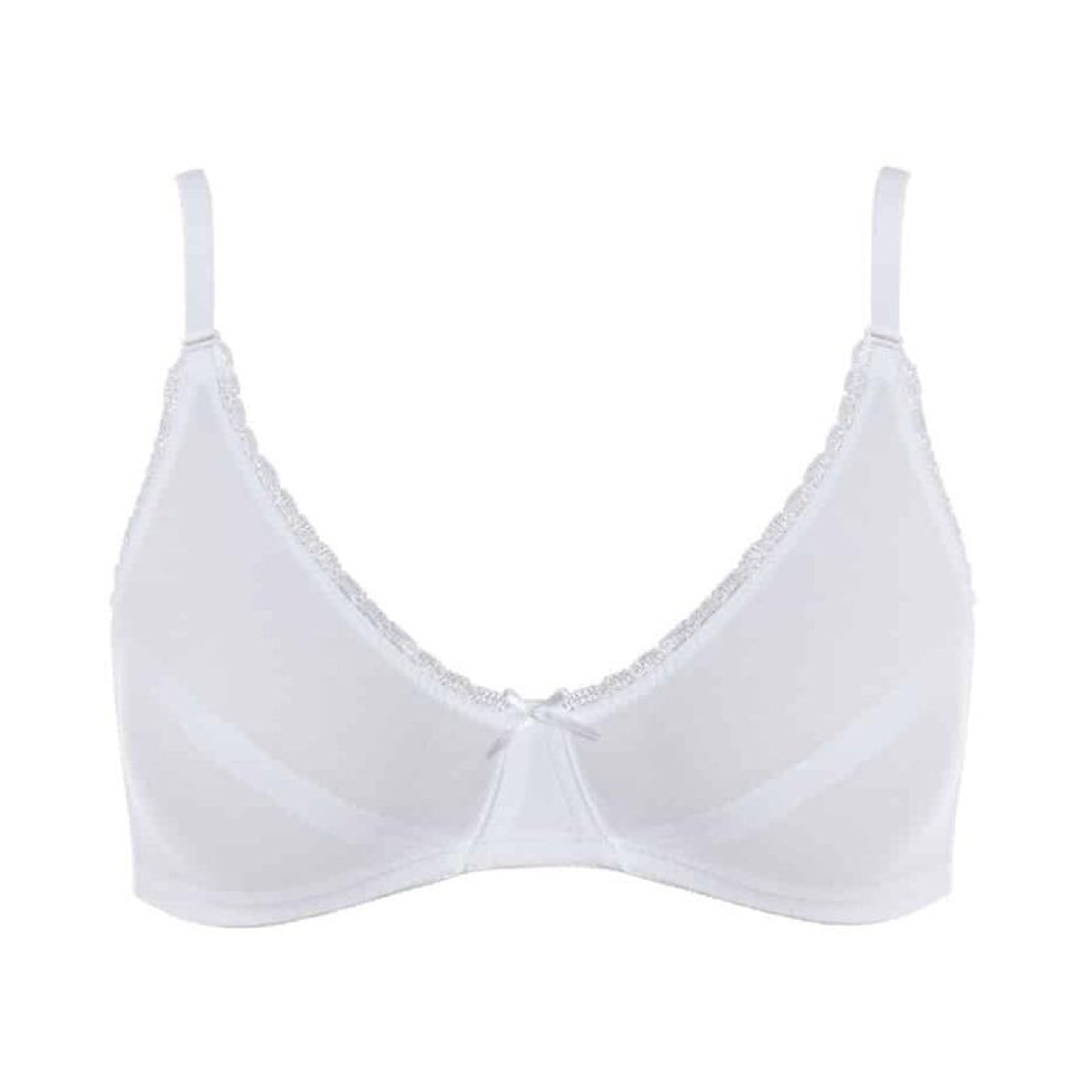 White triangle bra with white lace trim and centre bow.