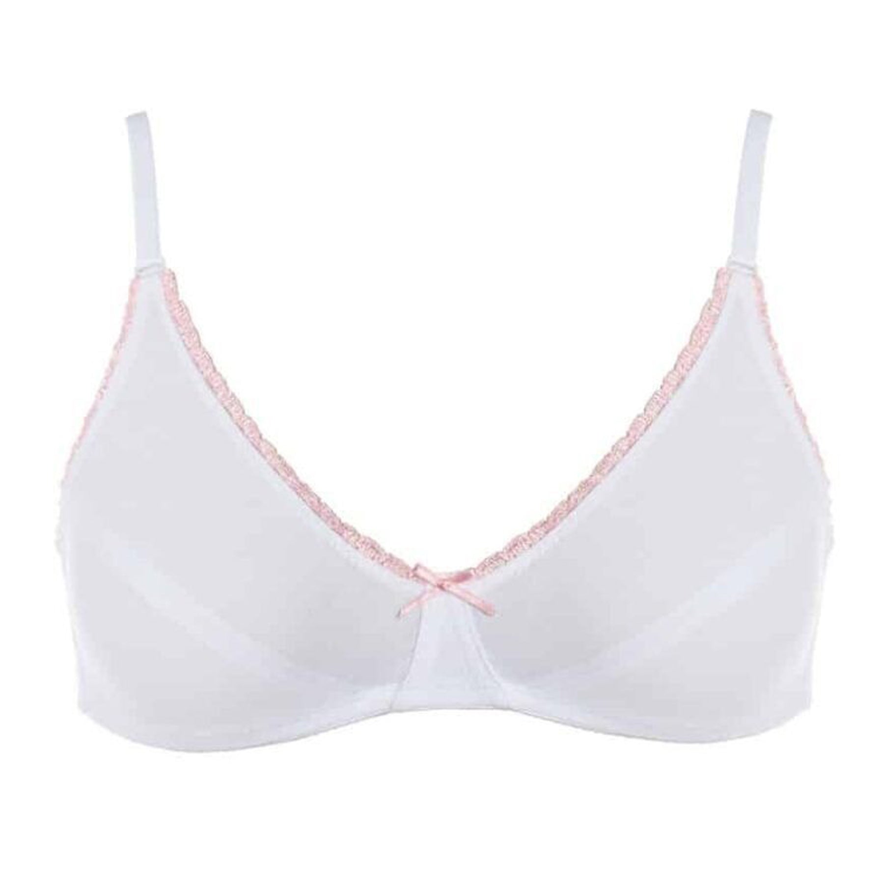 White triangle bra with pink lace trim and matching bow.