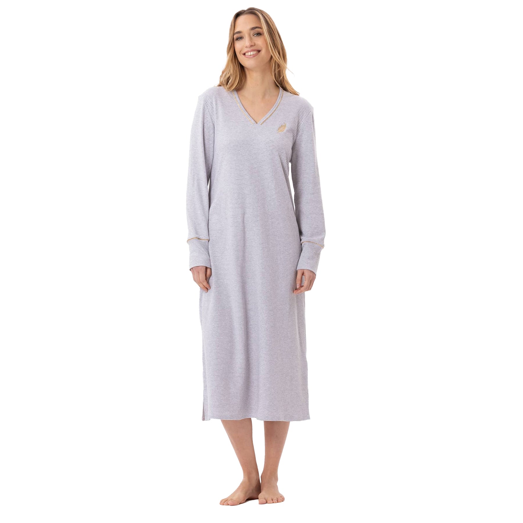 A model posing to show a front view of a V-neck grey gown.