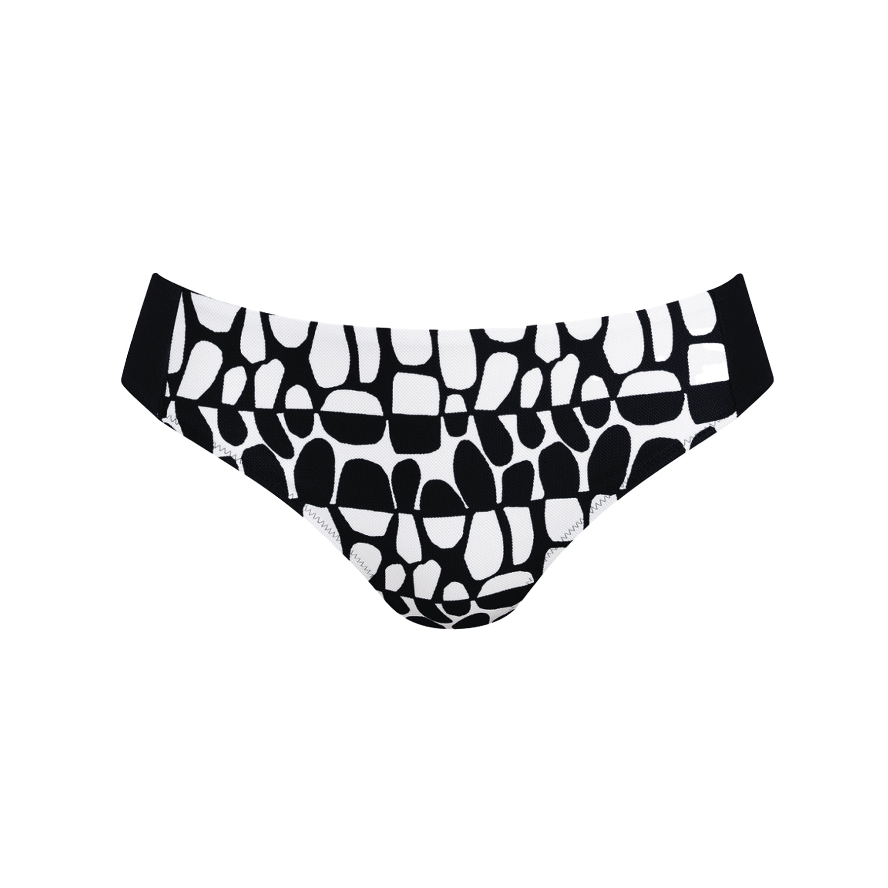 Black and white abstract print bikini bottom with solid black side panels and mid-rise silhouette.