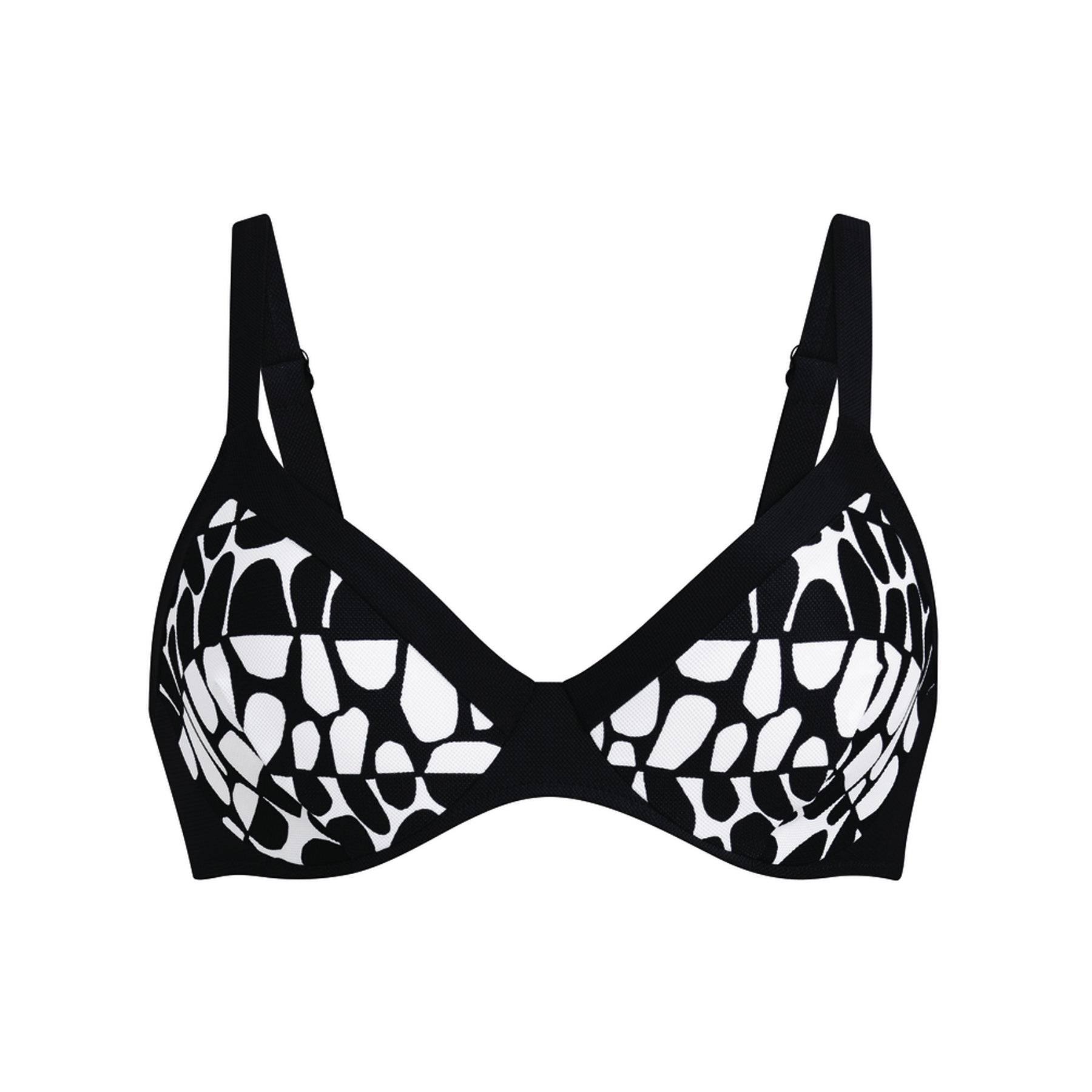 Black and white patterned bikini top with structured cups, wide black straps and centre panel detail.