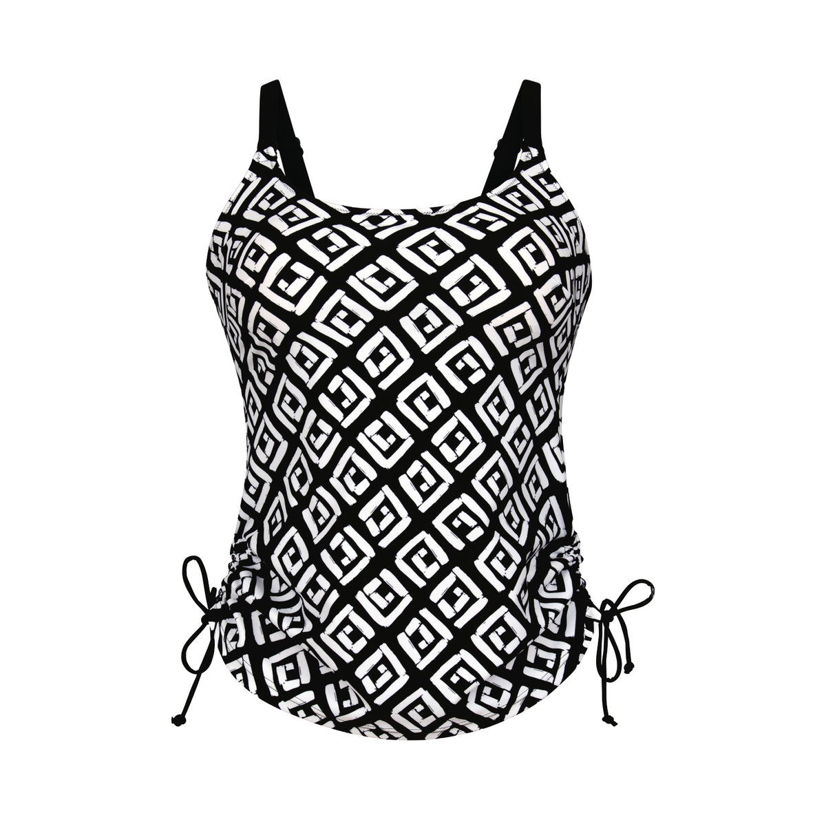 Black and white geometric print tankini top with adjustable black straps and ruched drawstring sides, front product view.