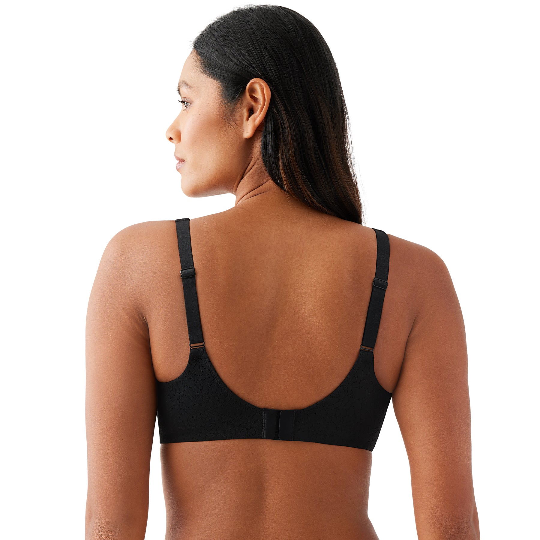 Back view of seamless black wireless bra with adjustable straps and hook closure