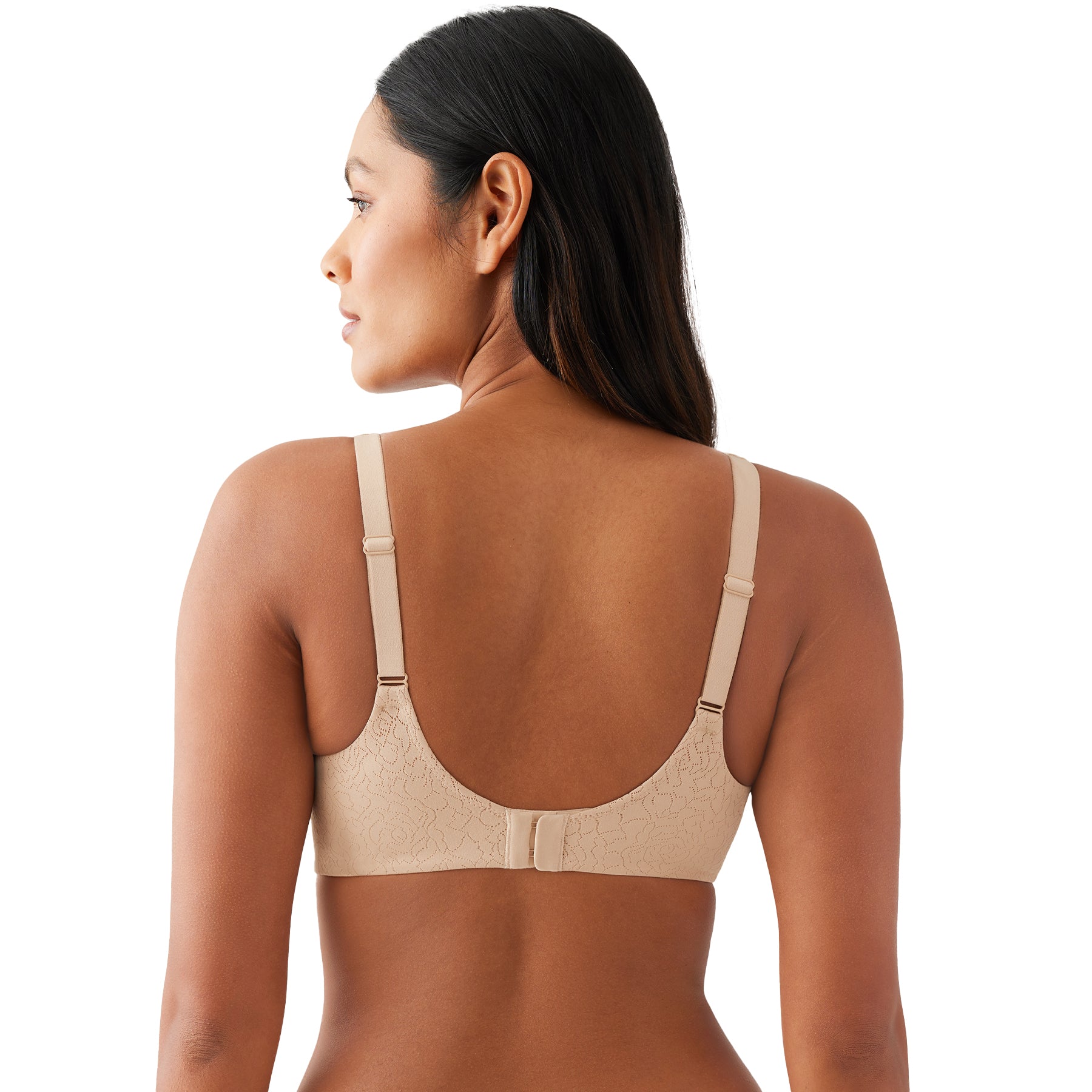 Back view of seamless wireless nude bra with floral lace texture and adjustable straps